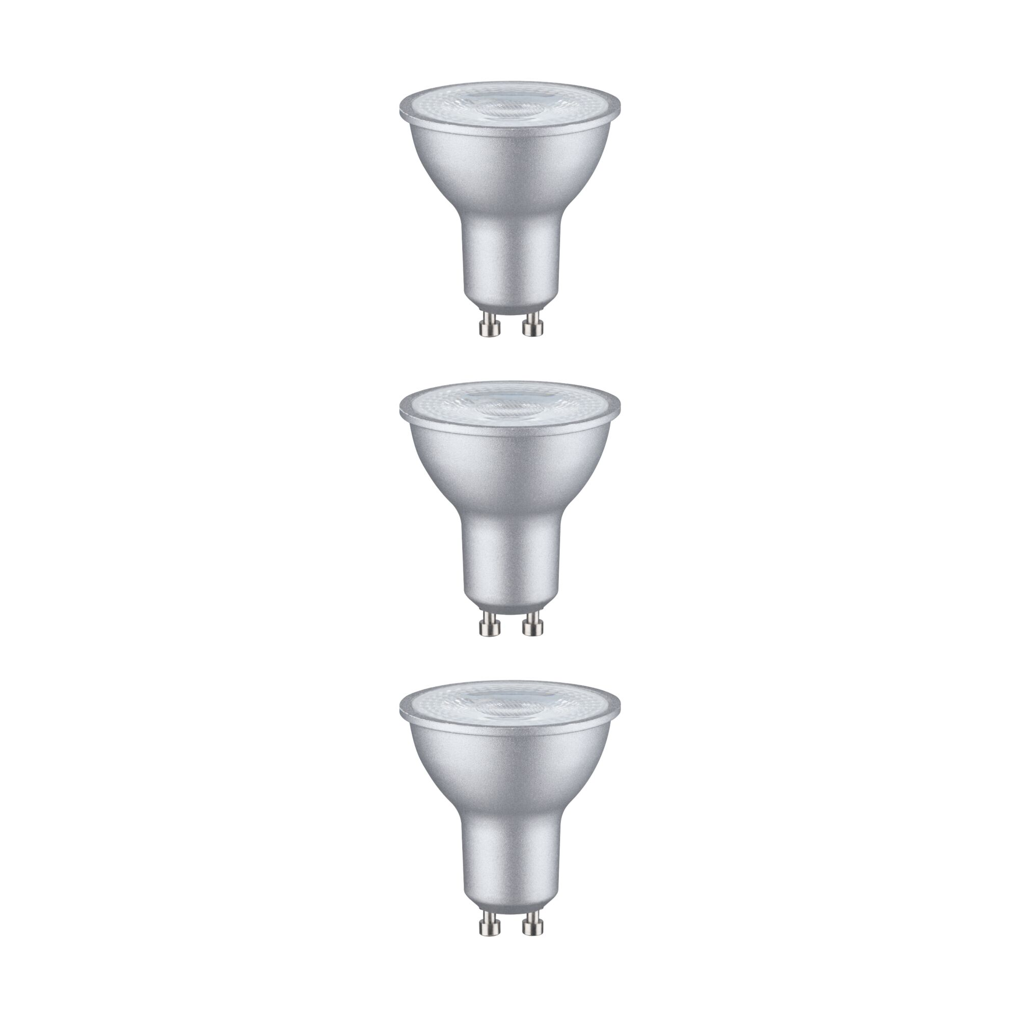 Trzy srebrne żarówki LED GU10 z białymi końcówkami i dwoma pinami.