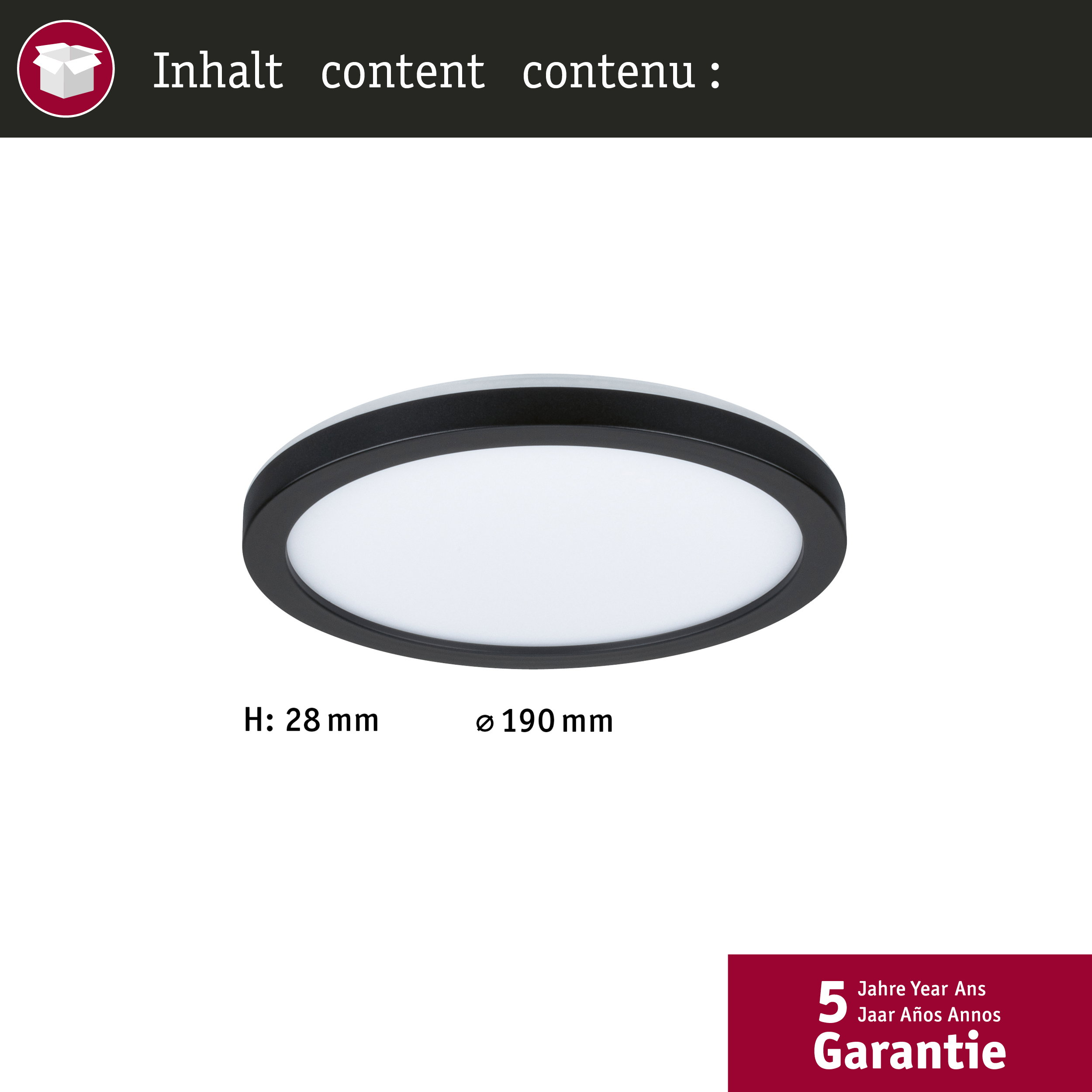 Plafonnier plat et rond avec bord noir, 28mm H, 190mm Ø. Garantie 5 ans.