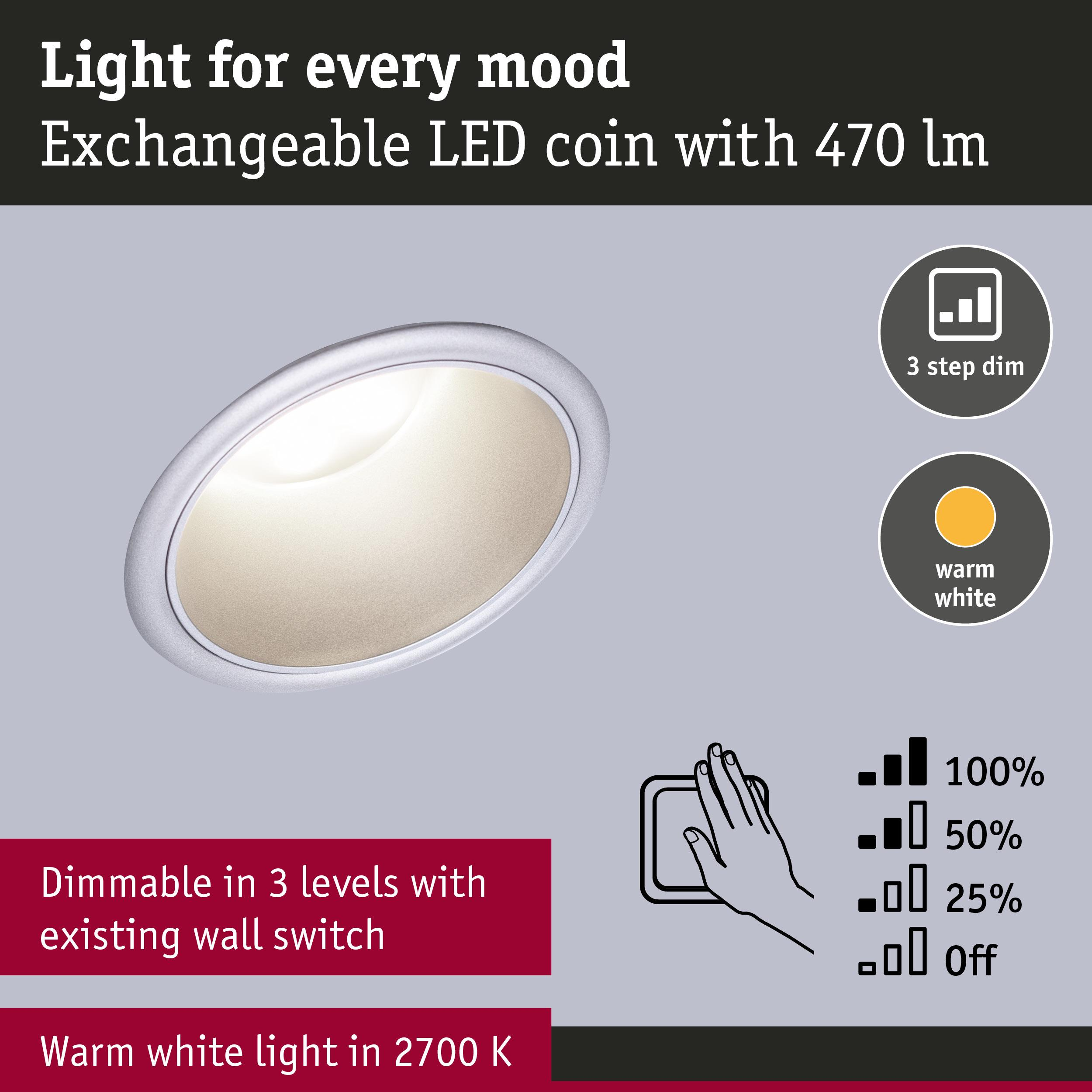 Okrągła lampa LED 470 lm, 3-stopniowa regulacja jasności, ciepła biel.