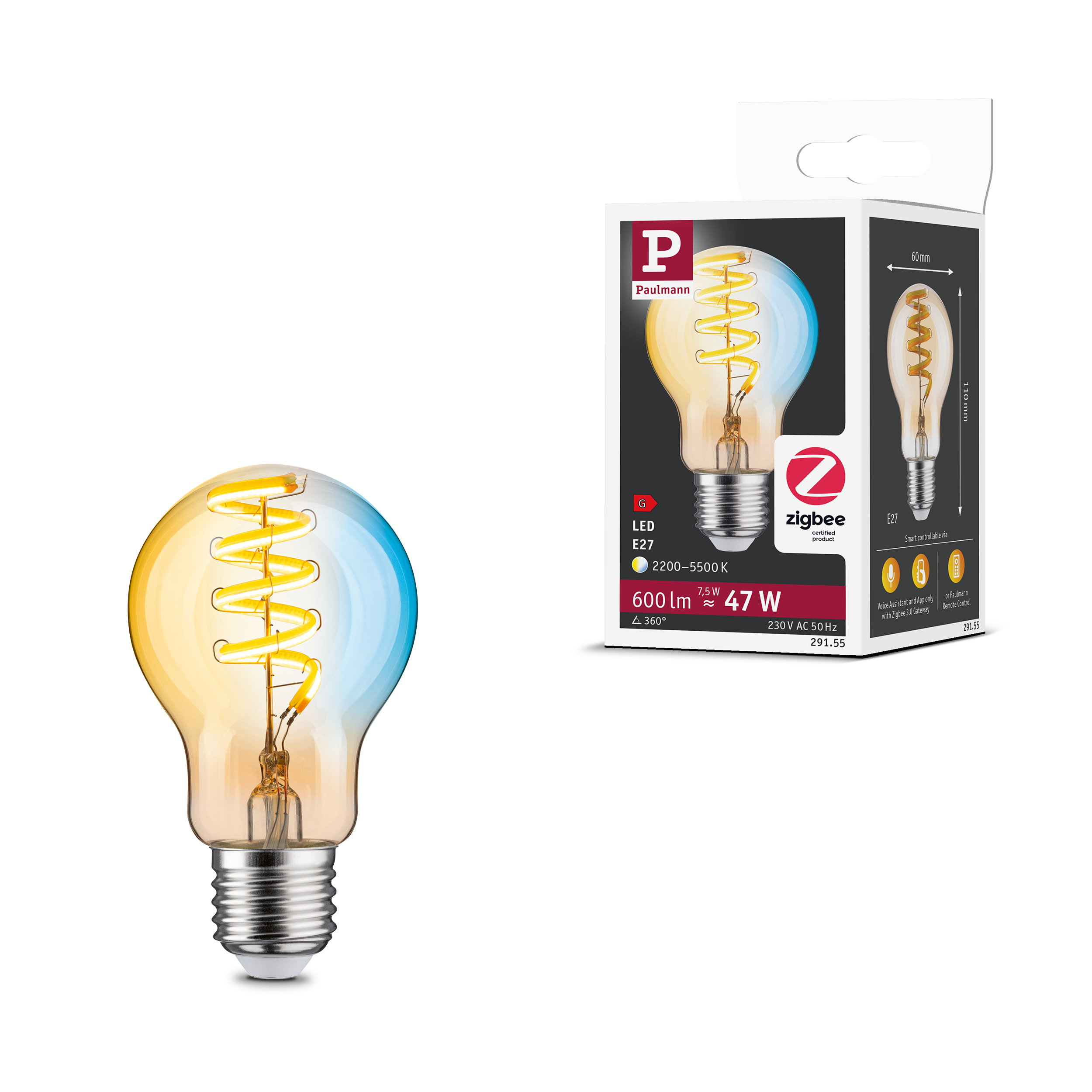 Eine goldene LED-Glühbirne mit spiralförmigem Glühfaden neben ihrer Verpackung.