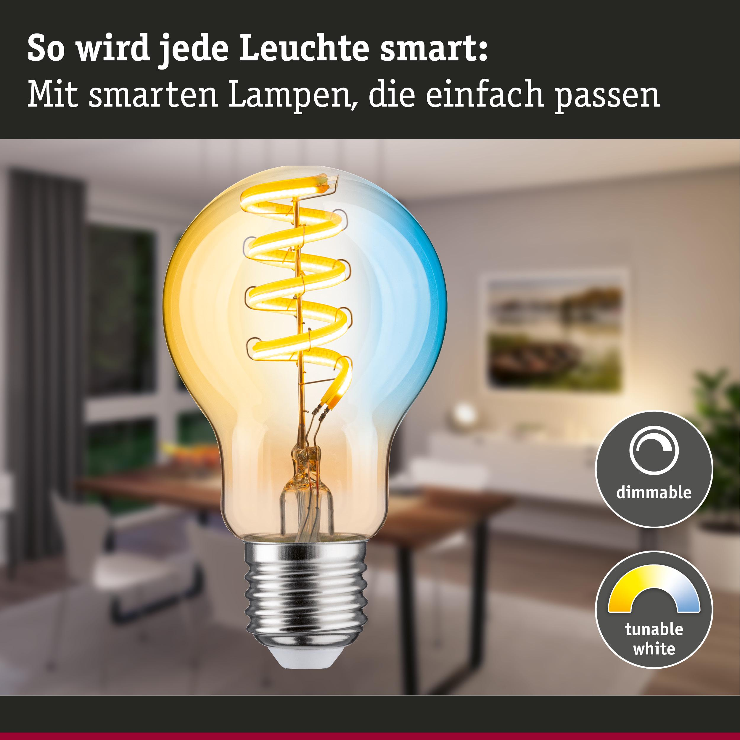 Eine smarte Glühbirne mit wendelförmigem Glühfaden, dimmbar und mit einstellbarer Weißfarbe.