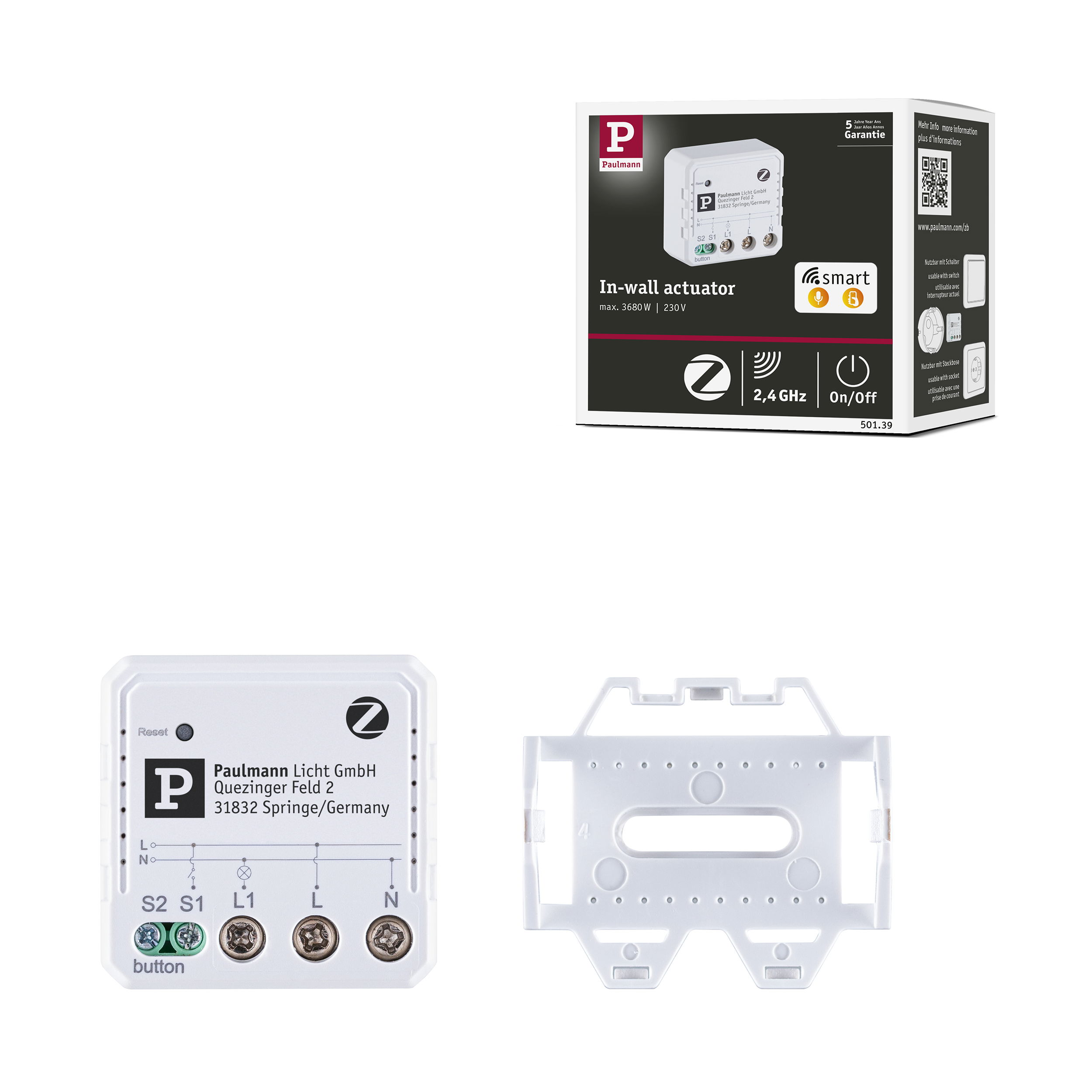 Siłownik podtynkowy Paulmann ze złączami i uchwytem montażowym.