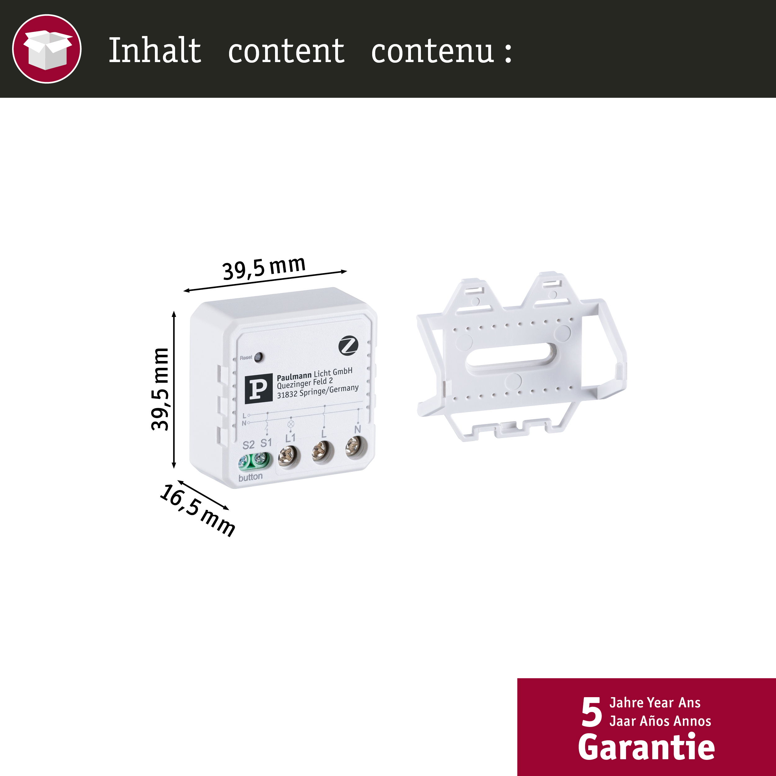 Białe, prostokątne urządzenie z napisami i wymiarami. Obok biały uchwyt.