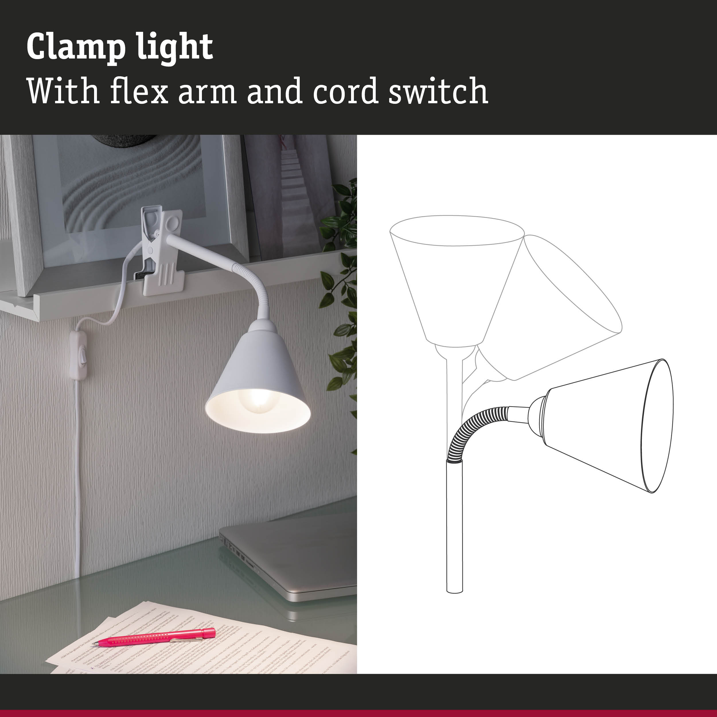 Eine weiße Klemmlampe mit flexiblem Arm und Schnurschalter auf einem Schreibtisch.