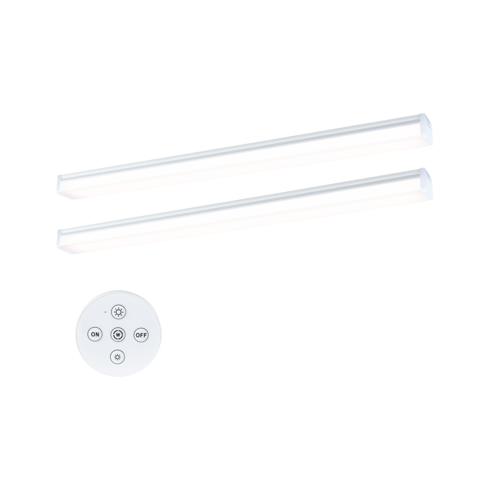Zwei weiße LED-Leuchten mit Fernbedienung. Helligkeit und Ein/Aus-Funktion.