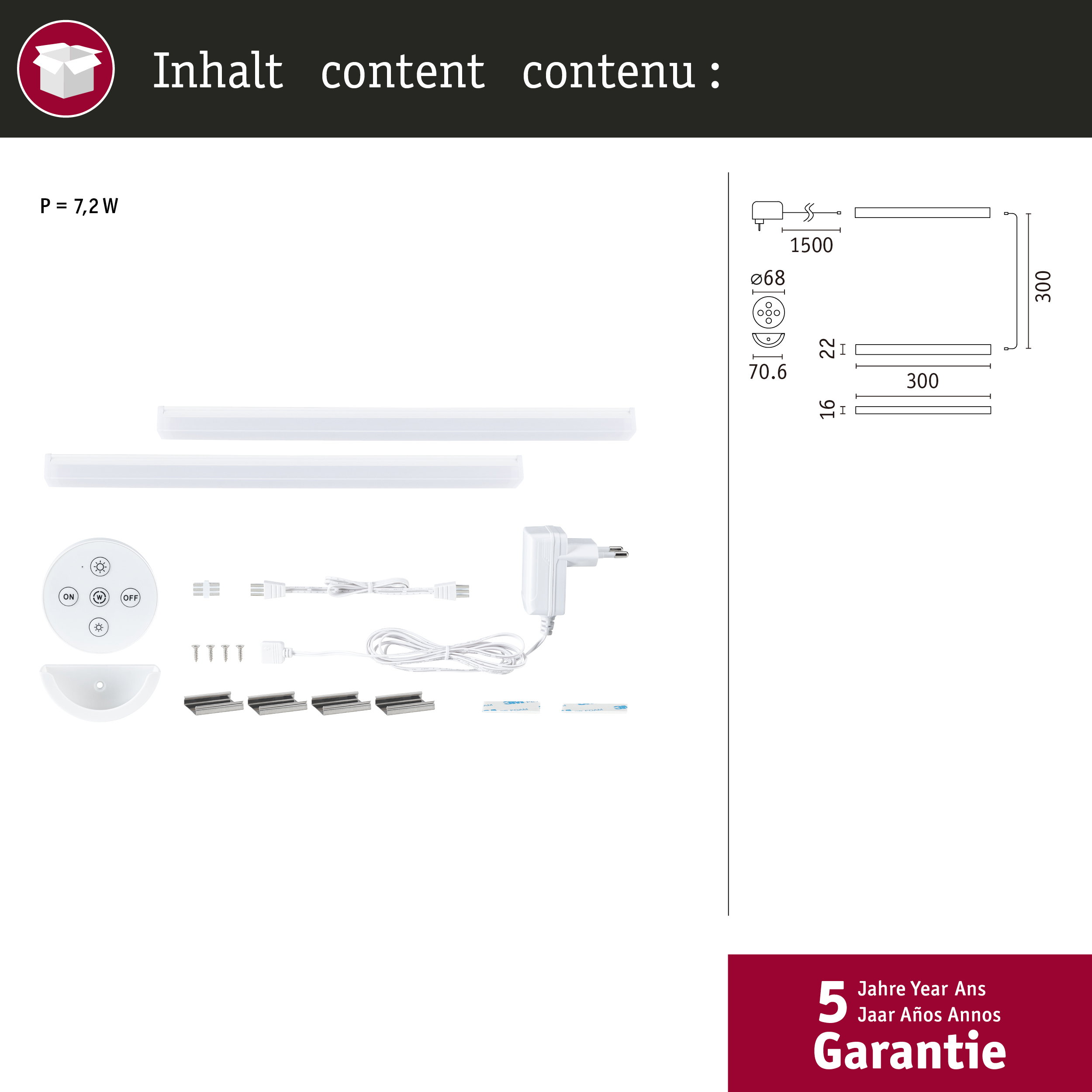 Das Bild zeigt Zubehör für eine Lampe: zwei Leuchtstreifen, eine Fernbedienung, Netzteil, Schrauben und Halterungen.