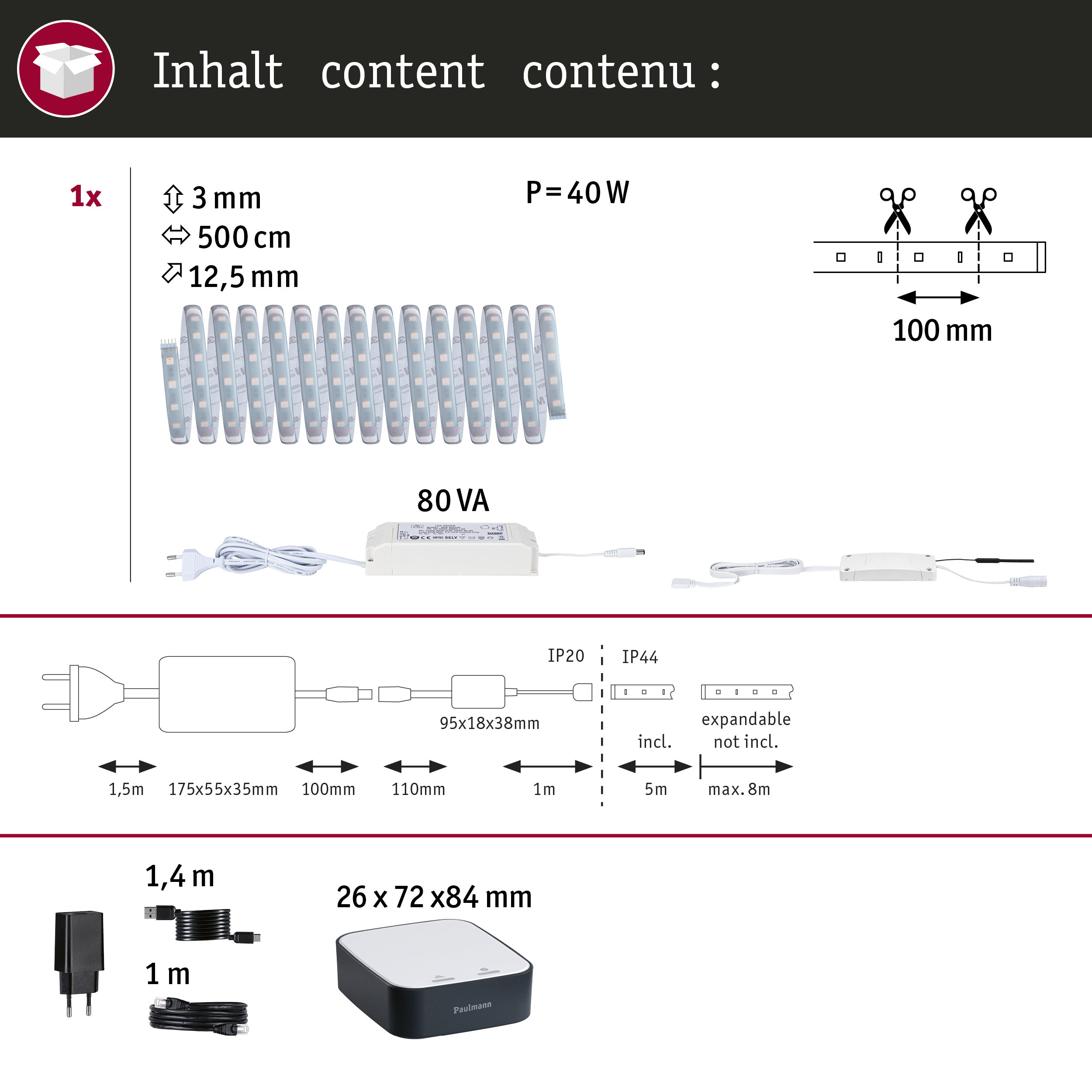 Zawartość opakowania: 1x taśma LED 3mm, 500cm, 40W, 80VA, z akcesoriami.