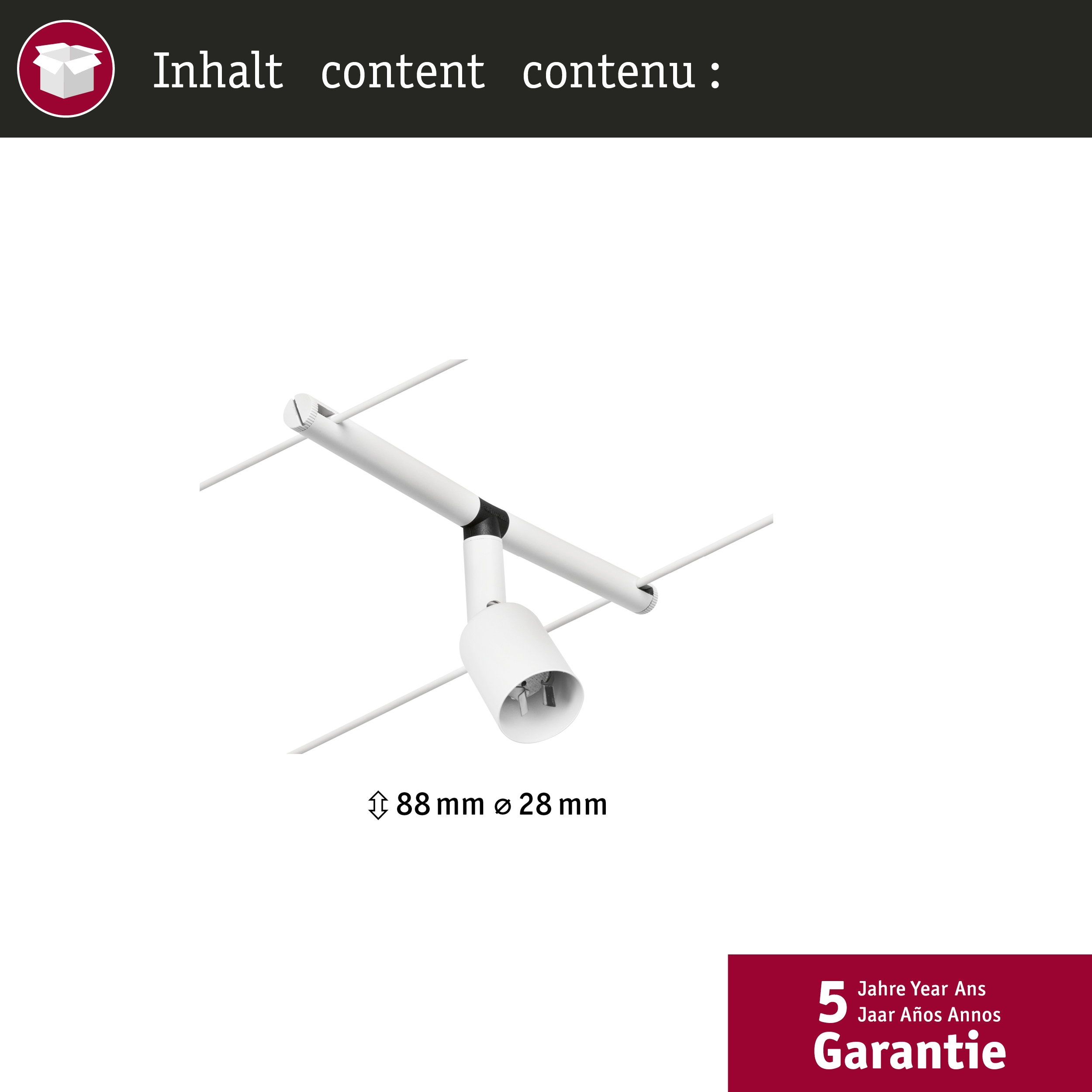 Lampada bianca su binario, dimensioni 88 mm x 28 mm, 5 anni garanzia.