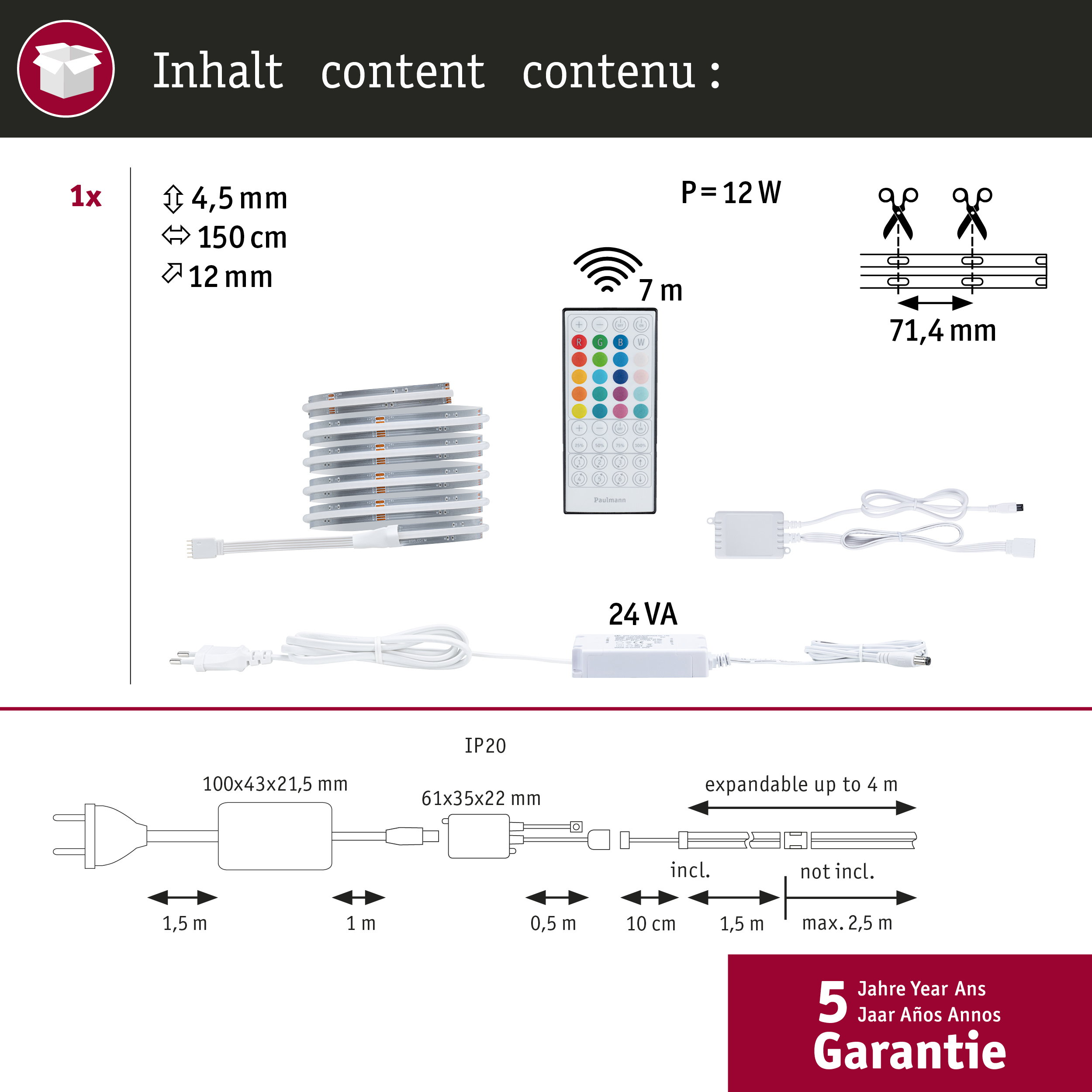 Packungsinhalt: LED-Streifen, Fernbedienung, Netzteil, Kabel. Maße und Leistung.
