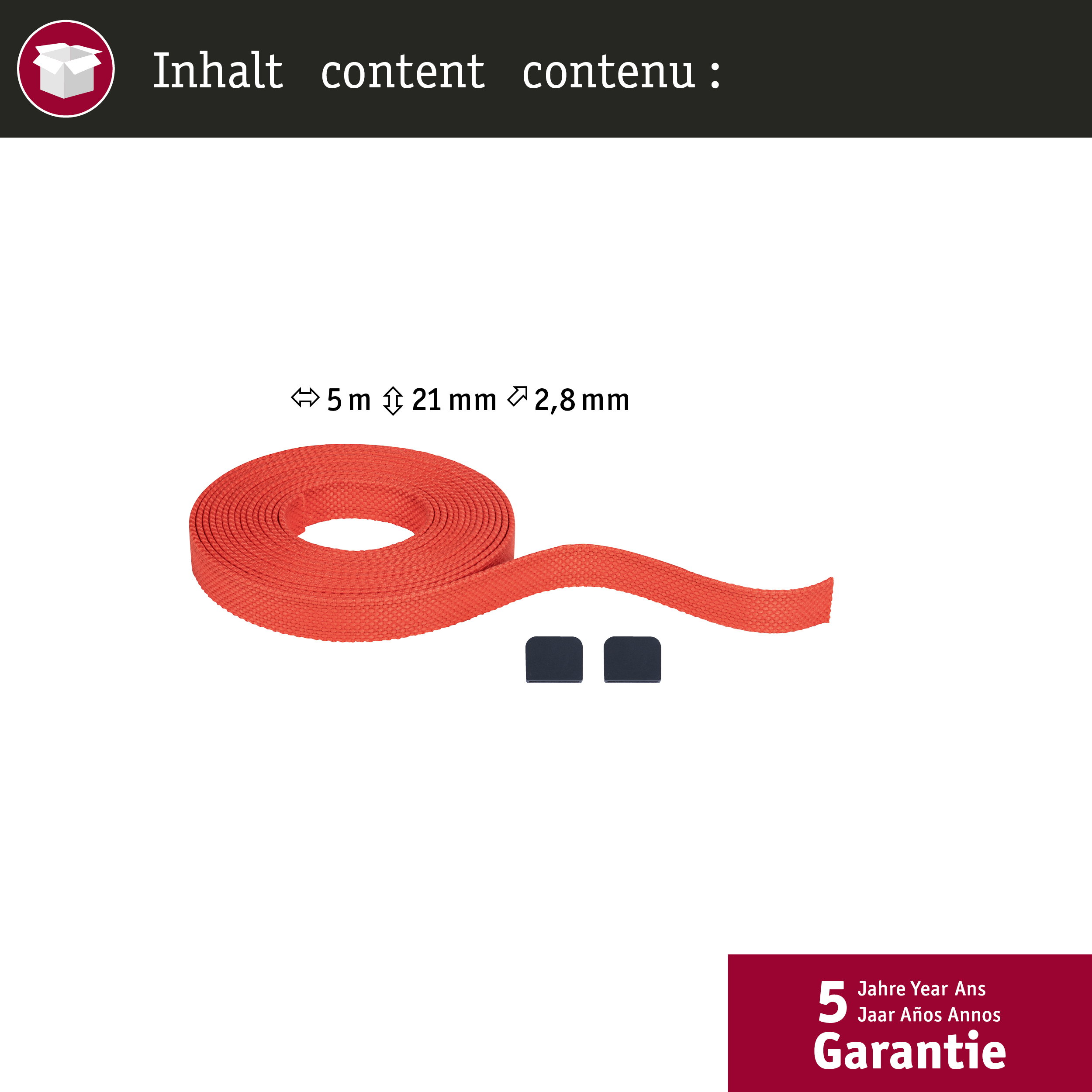 Rote Gewebebandrolle mit Maßen 5m, 21mm Breite, 2,8mm Dicke.