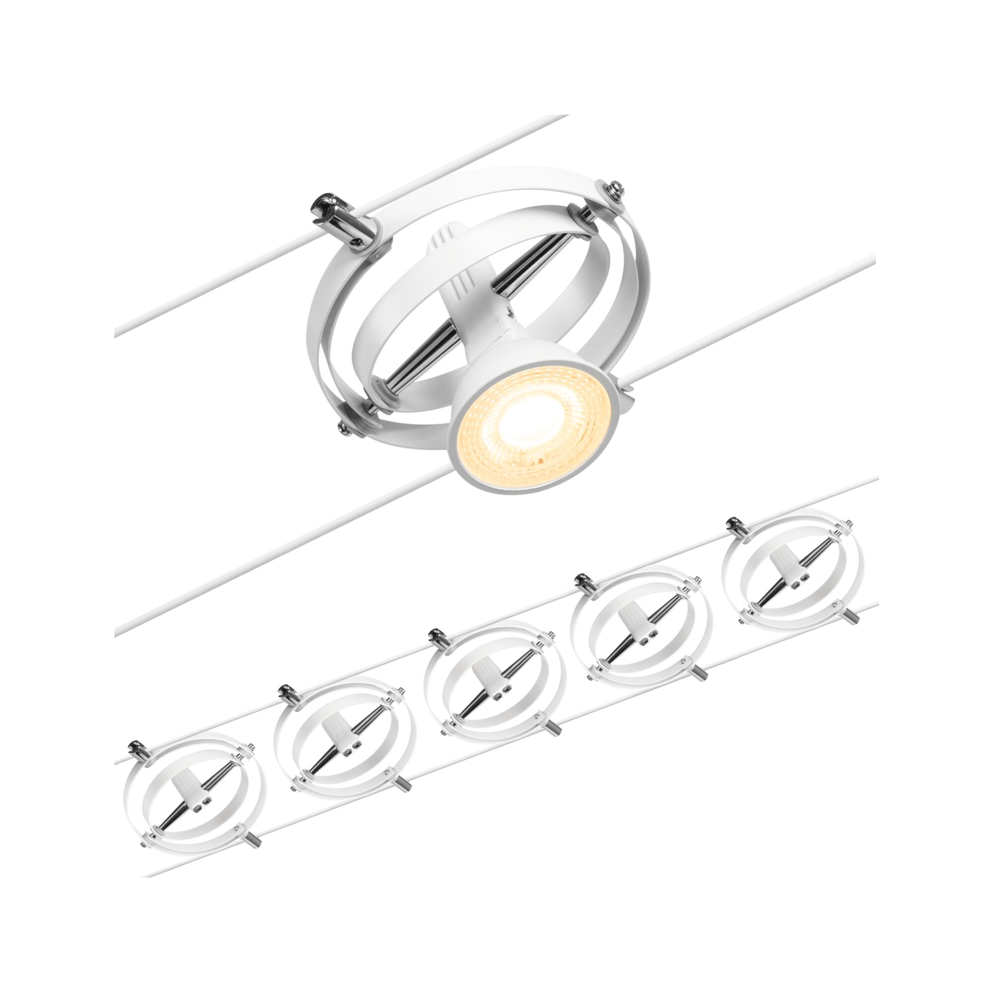 Un faretto da soffitto bianco con elementi circolari su un cavo bianco.