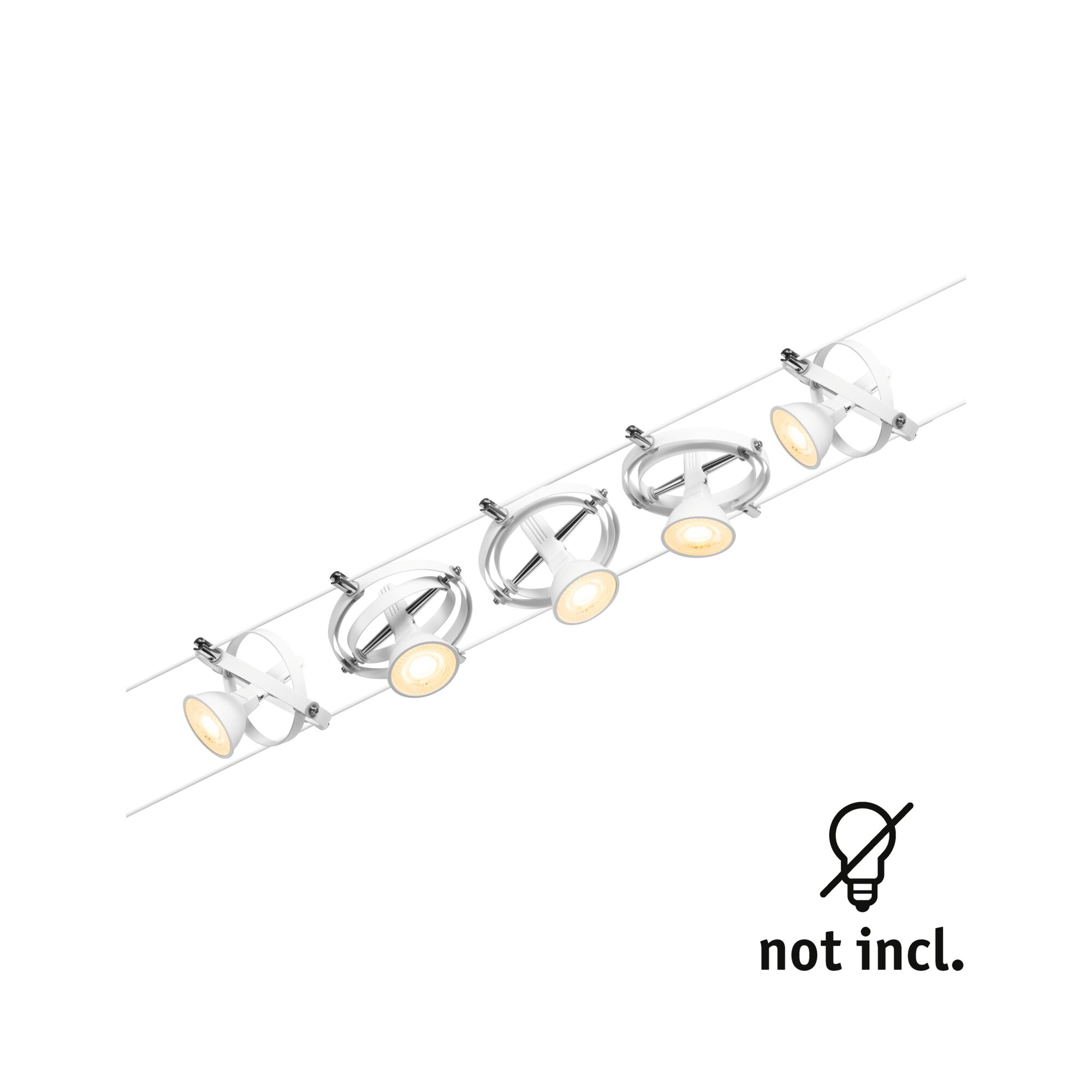 Cinque faretti bianchi su binario illuminano. Lampadine non incluse.