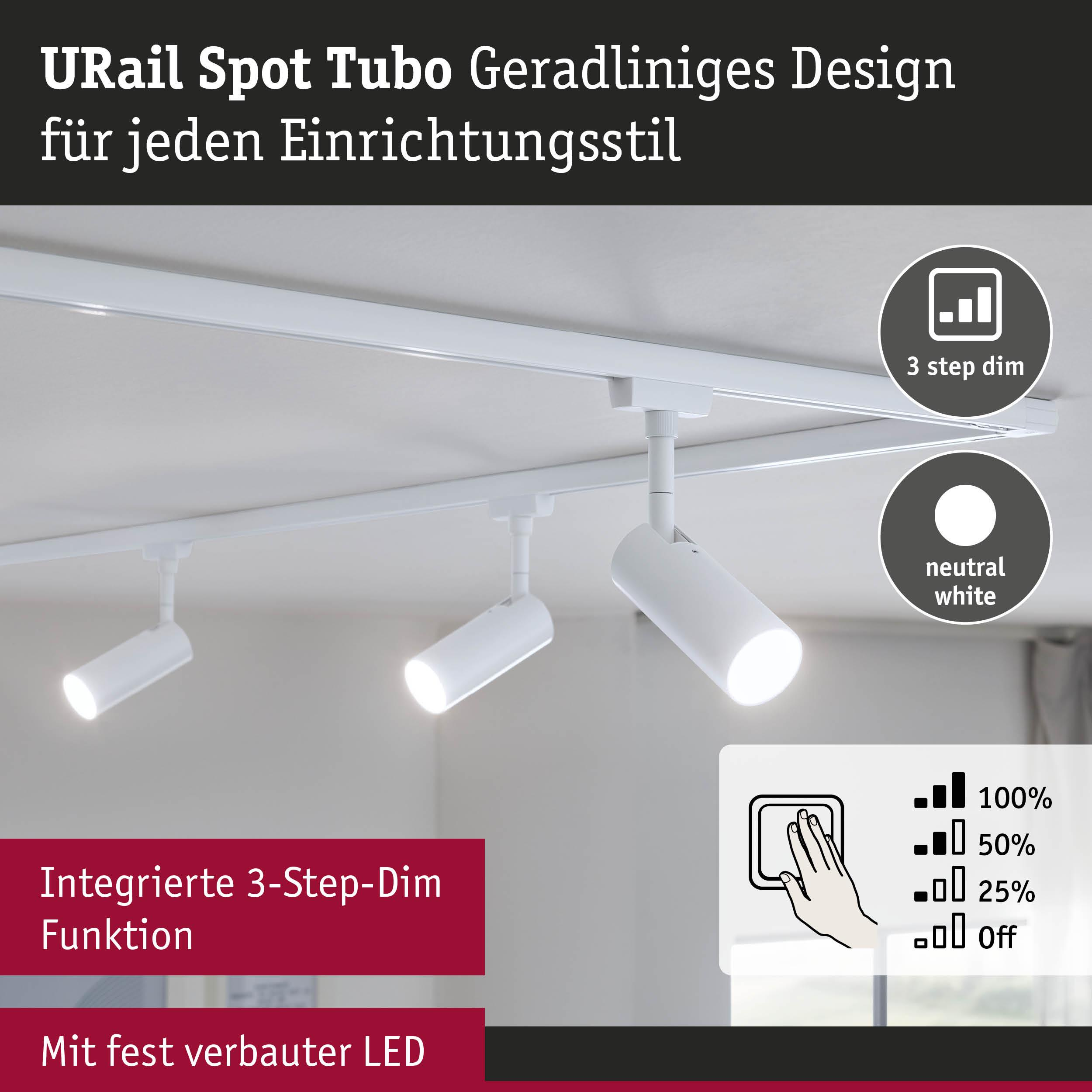 Weiße URail Spots an einer Schiene, mit 3-Step-Dim und neutralweißem Licht.