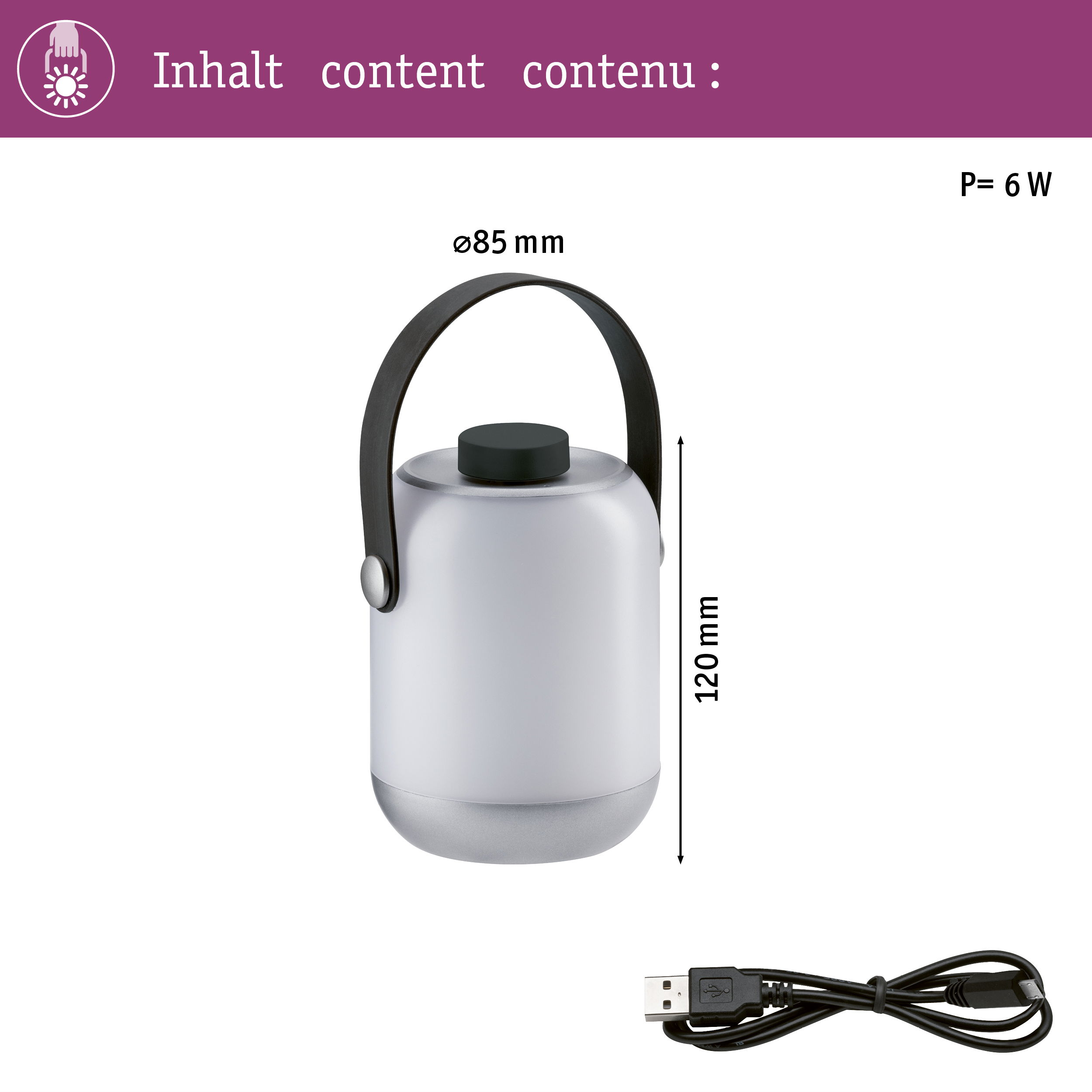 Srebrna latarnia z uchwytem i kablem USB. Wymiary: 85mm Ø, 120mm W.