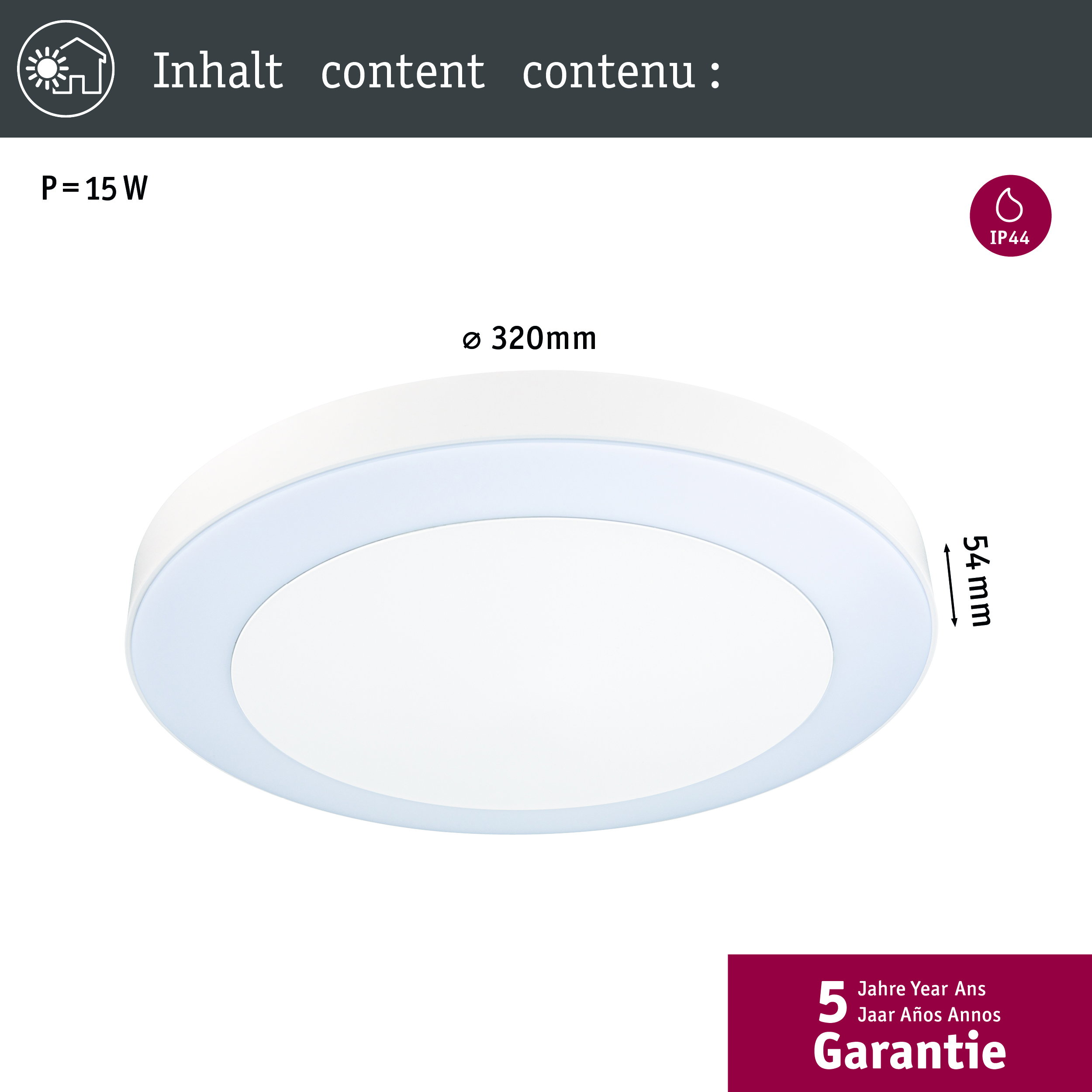 Okrągła lampa, 15W, średnica 320mm, wysokość 54mm, IP44.