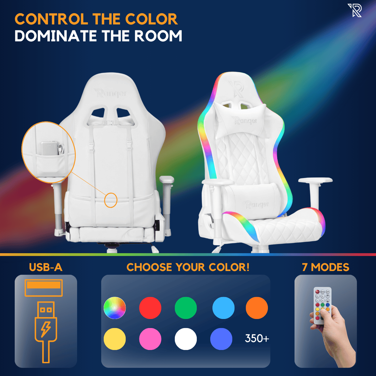 Deux fauteuils gaming blancs, un avec éclairage RGB. Icône USB-A, nuanciers et télécommande.