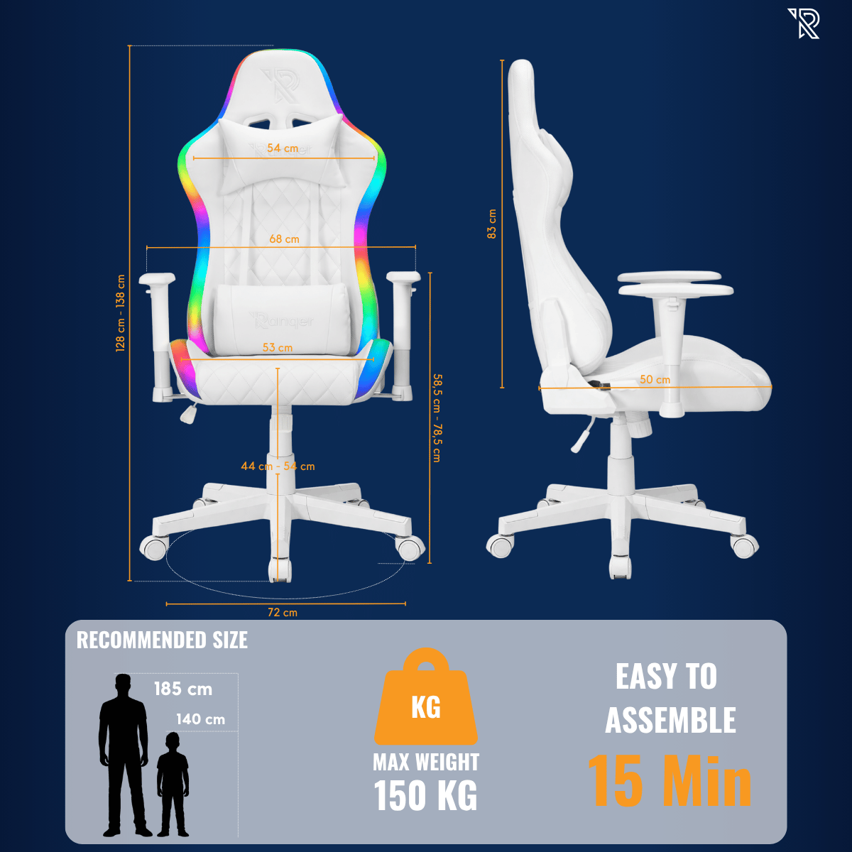 Vues détaillées de chaise gaming blanche avec dimensions et taille recommandée.