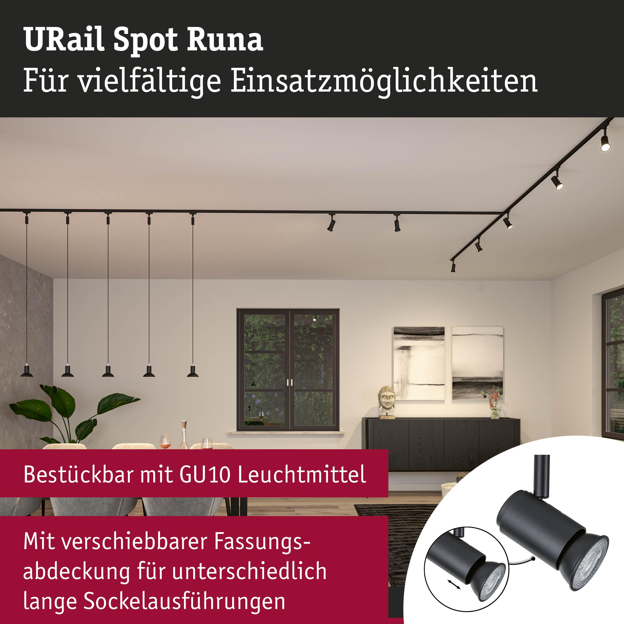 Schwarzes URail Spot Runa System an der Decke mit GU10 Leuchtmitteln.