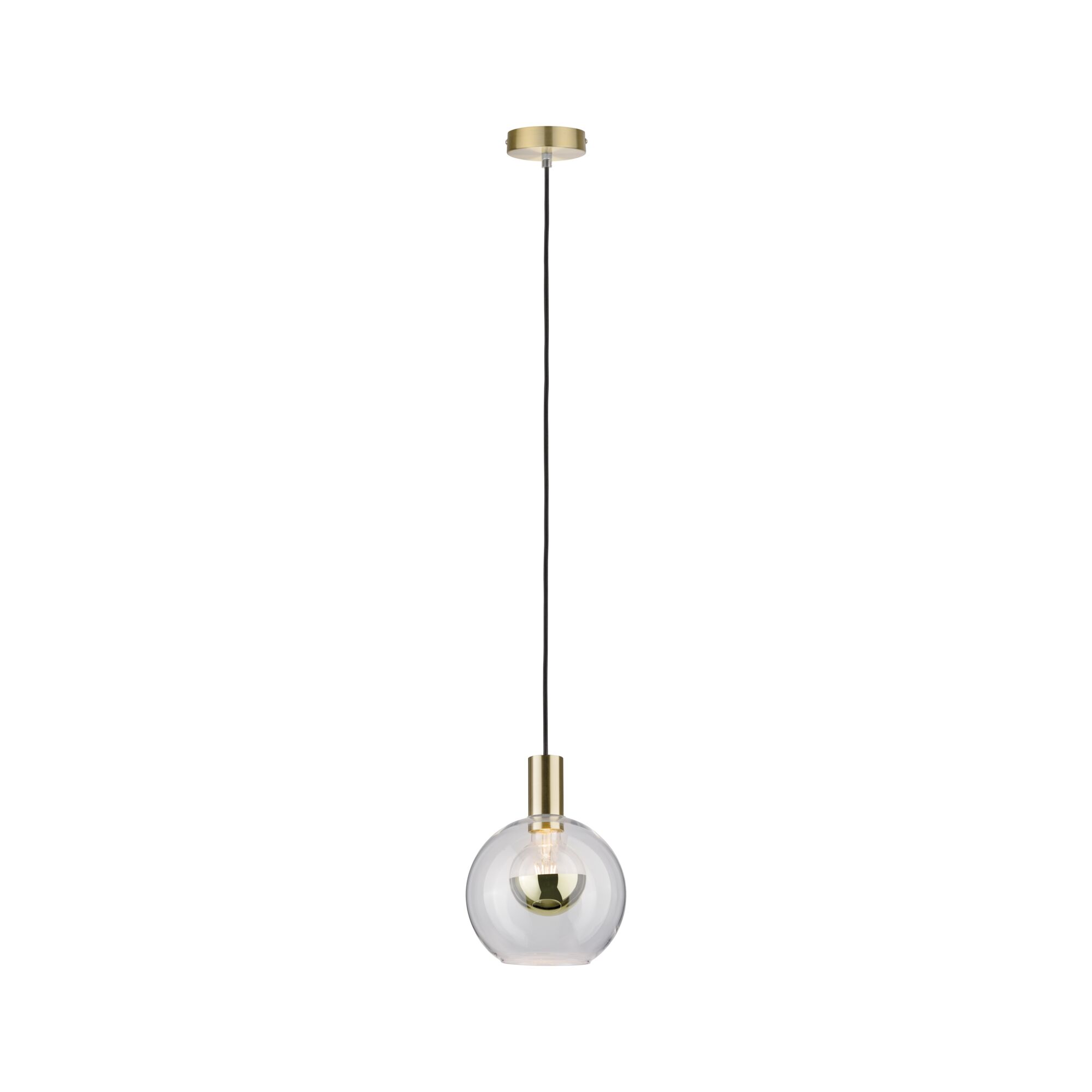 Złota lampa sufitowa z okrągłą szklaną kulą i żarówką.