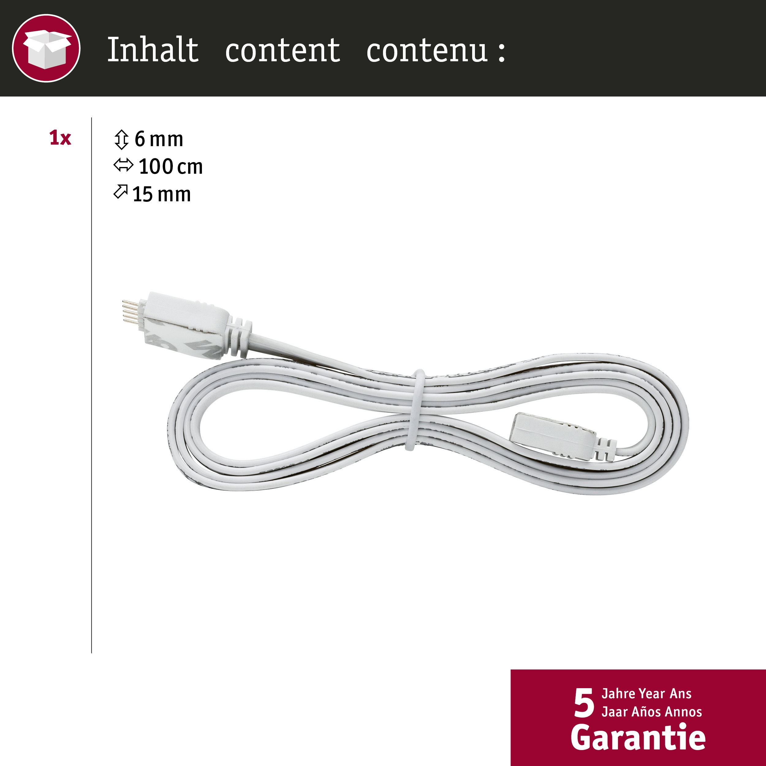 Ein weißes Kabel mit Stecker, 100 cm lang, 6 mm breit.