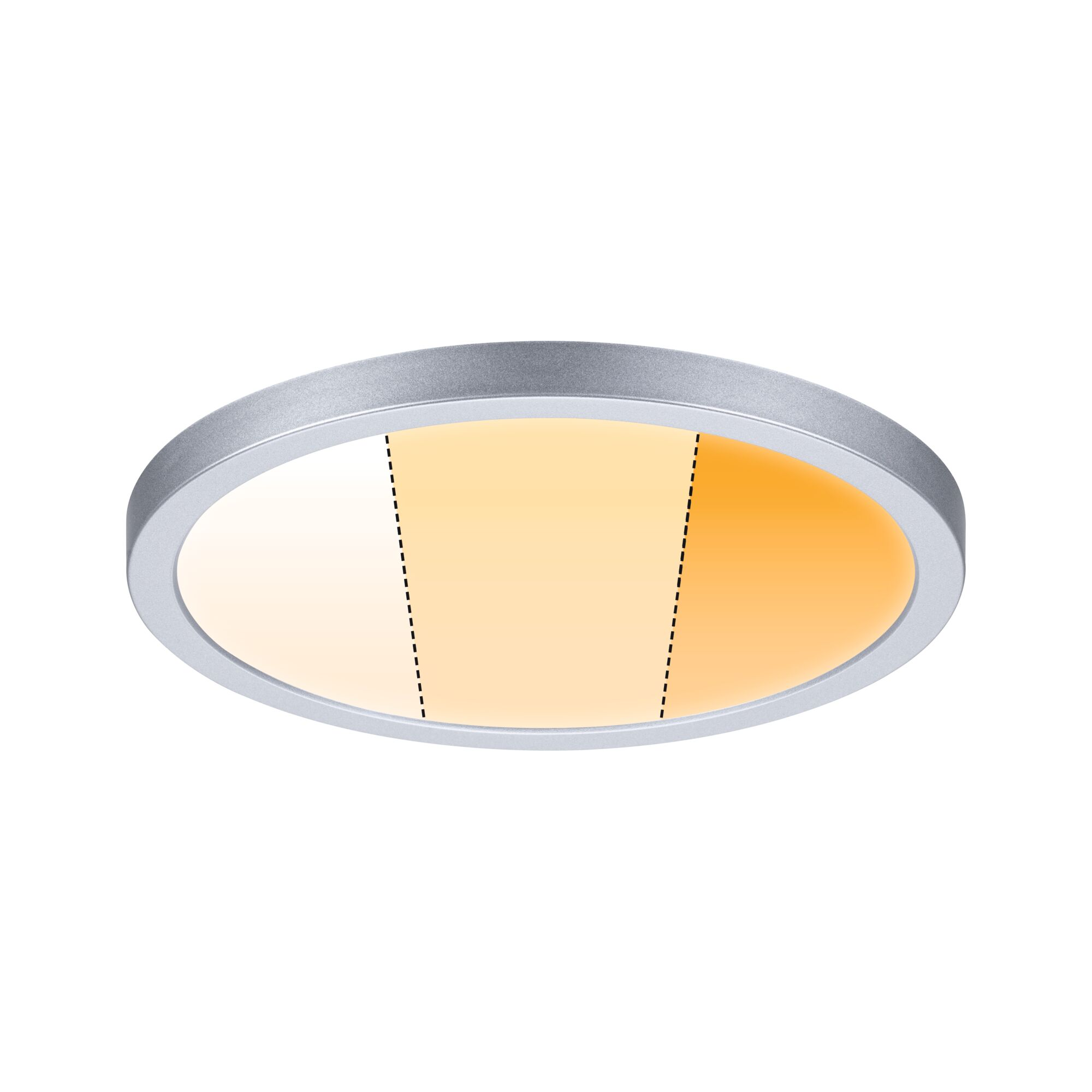 Ein runder Deckenventilator mit silbernem Rahmen und beleuchtetem Inneren, das von Weiß zu Orange übergeht.