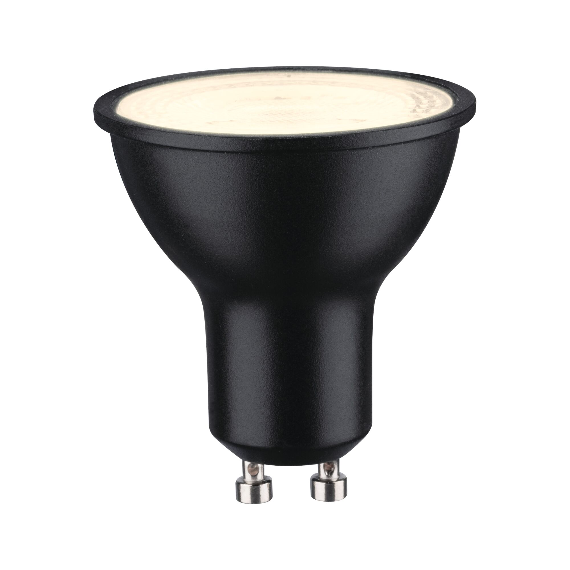 Schwarze LED-Lampe mit GU10-Sockel und hellem Licht.