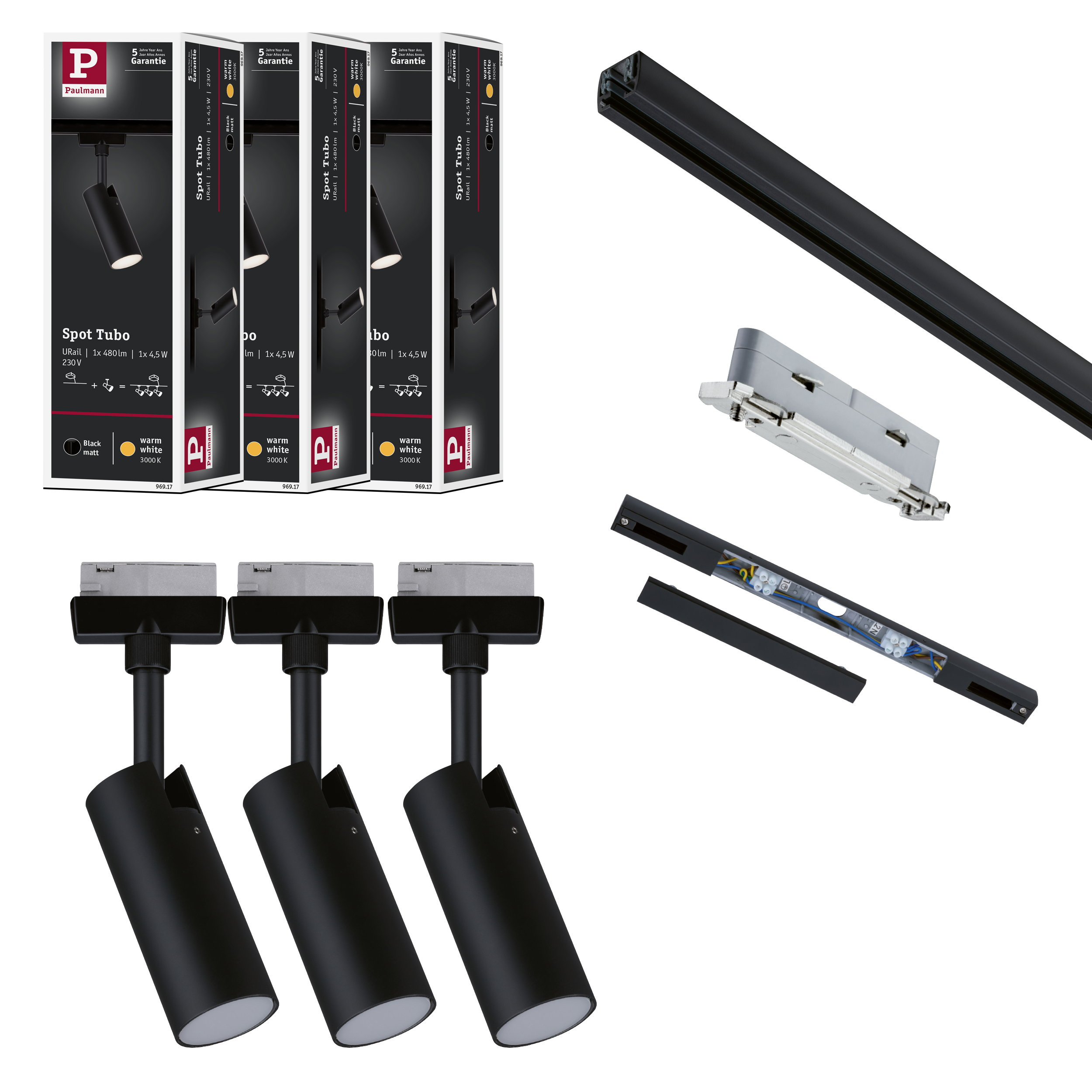 Czarne reflektory z opakowaniem, systemem szynowym i akcesoriami na białym tle.