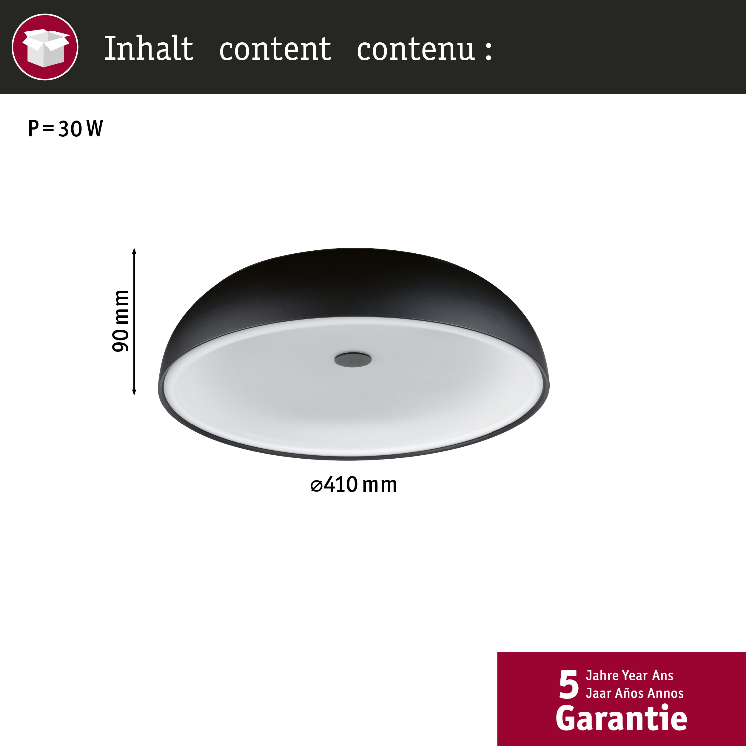 Czarna lampa sufitowa, średnica 410 mm, wysokość 90 mm, 30 W.