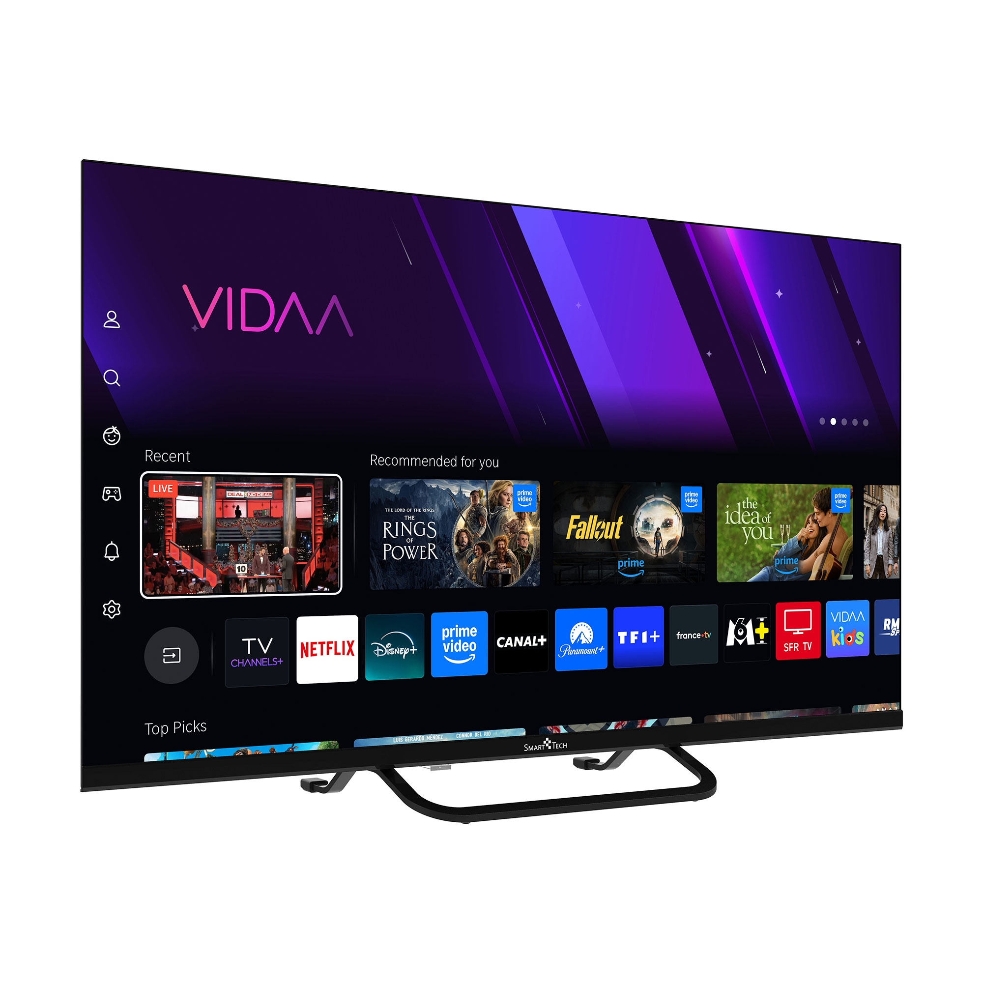 Un televisor moderno que muestra el sistema operativo VIDAA con varios iconos de aplicaciones y contenido.
