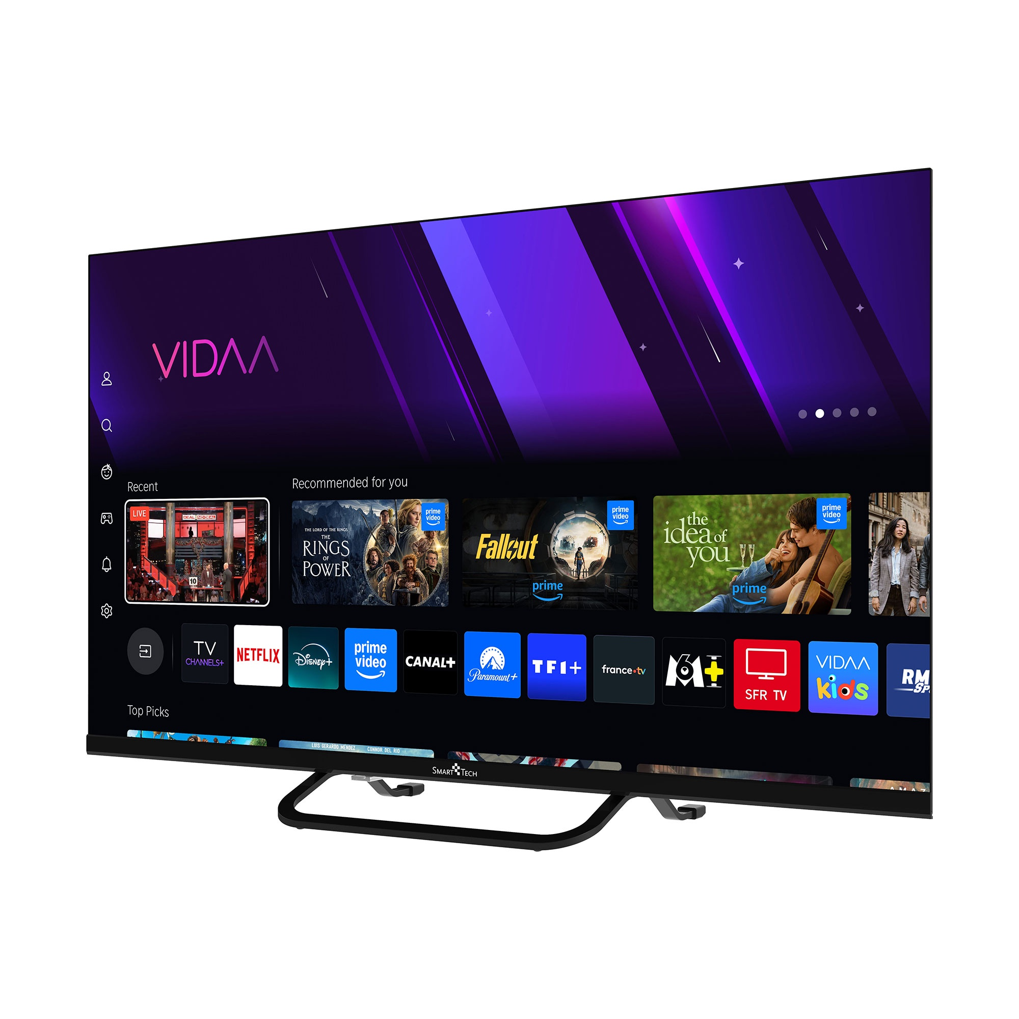 Un Smart TV VIDAA muestra una interfaz de usuario con iconos de aplicaciones y pósters de películas.