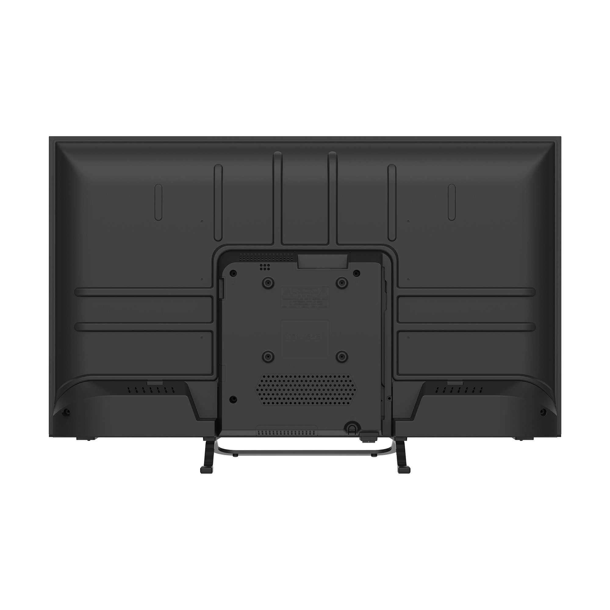 Vista trasera de un televisor negro con soporte y puertos.