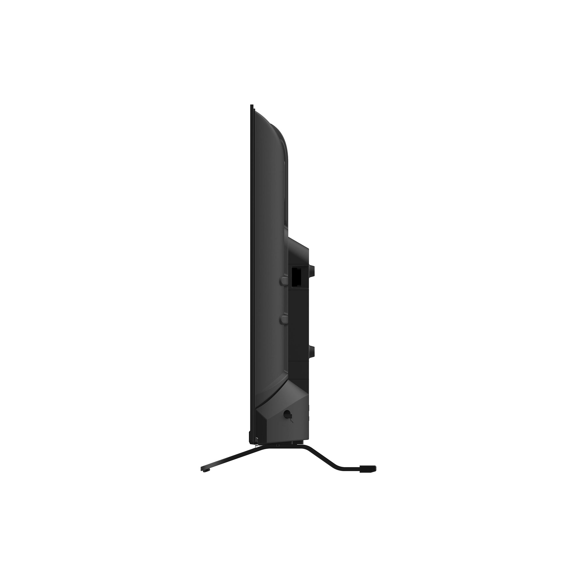 Televisor negro visto de lado con soporte sobre fondo blanco.