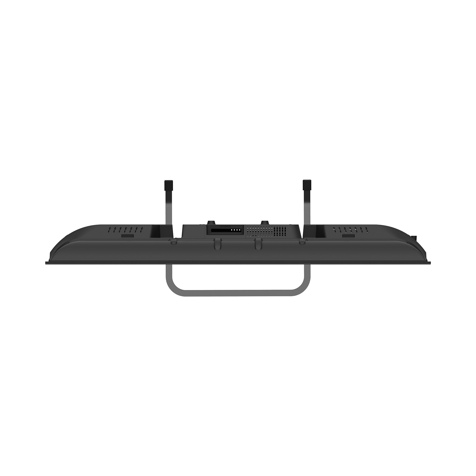 Vista trasera de un televisor negro con soporte y puertos.
