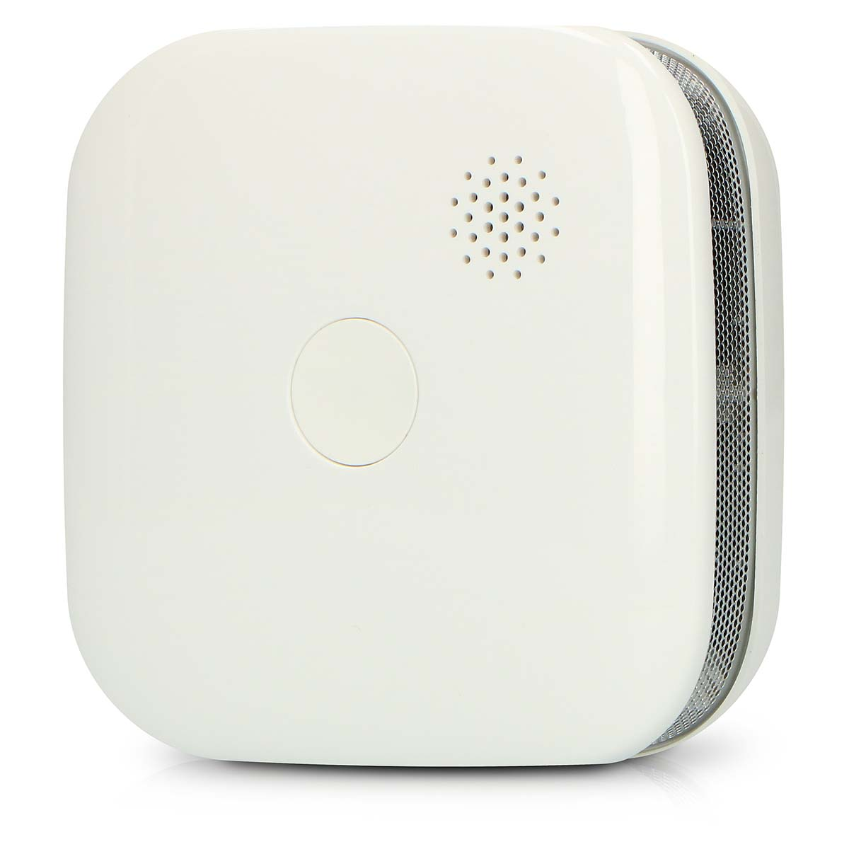 Een witte rookmelder met een ronde knop en ventilatieopeningen.