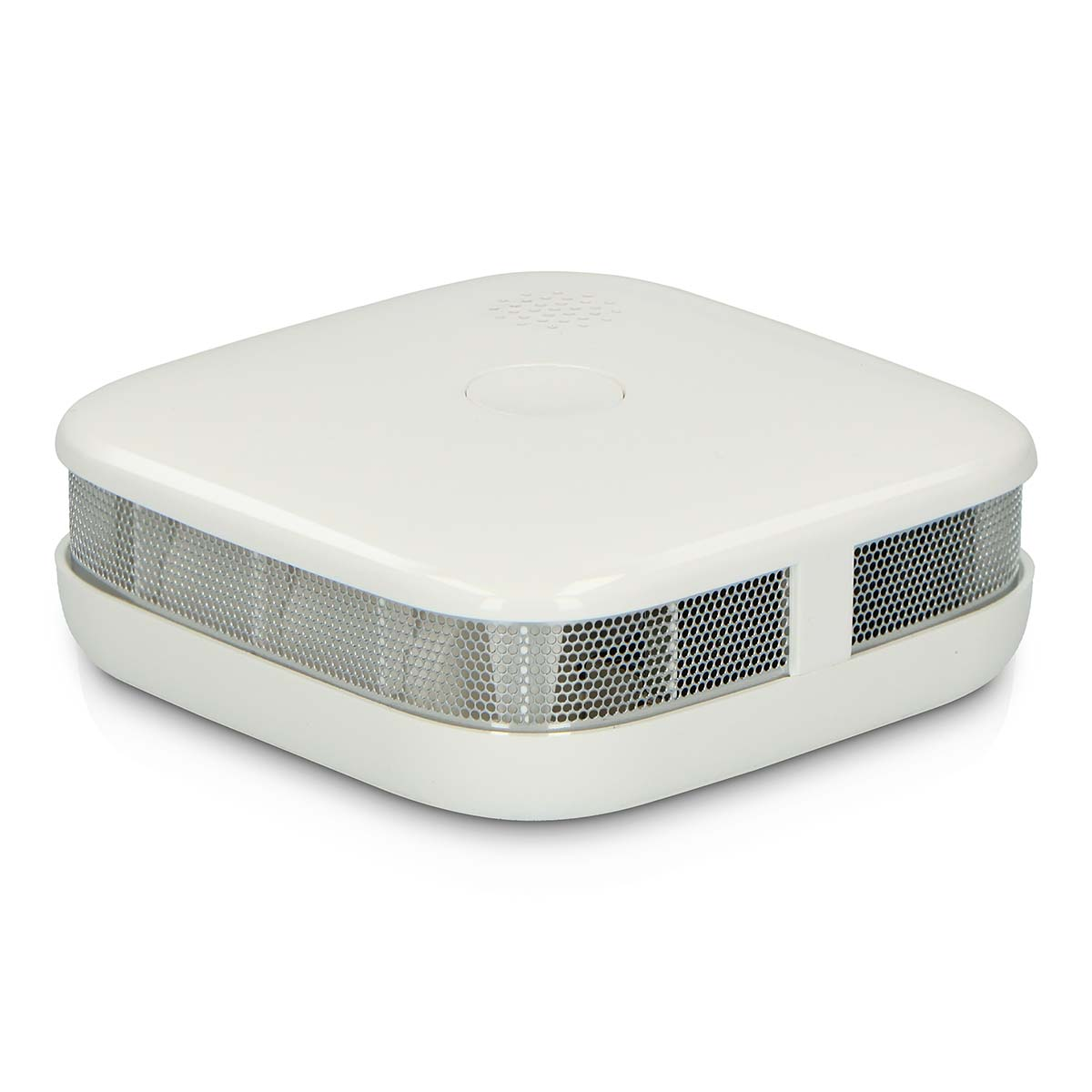 Een witte, vierkante rookmelder met een metalen grill aan de zijkanten en bovenkant.
