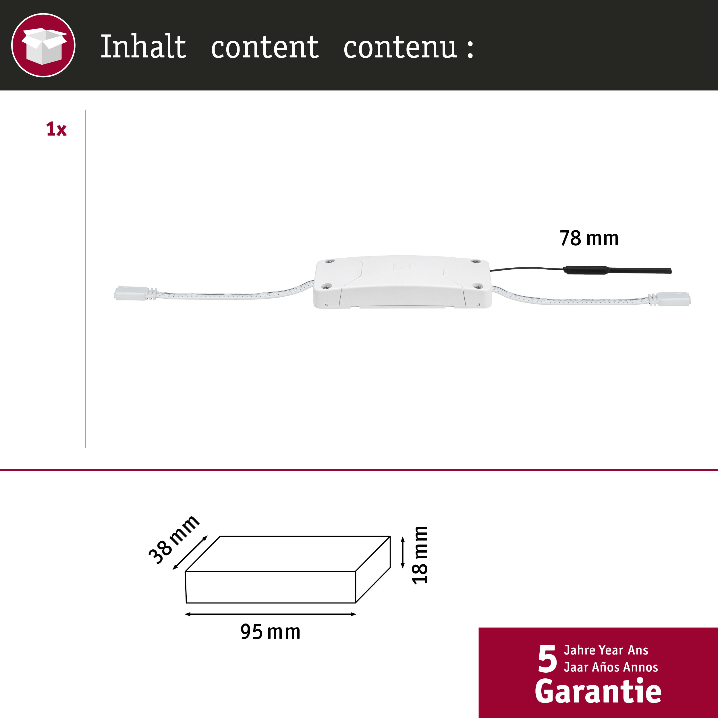 Un driver LED blanc avec câbles et dimensions. En bas : garantie 5 ans.