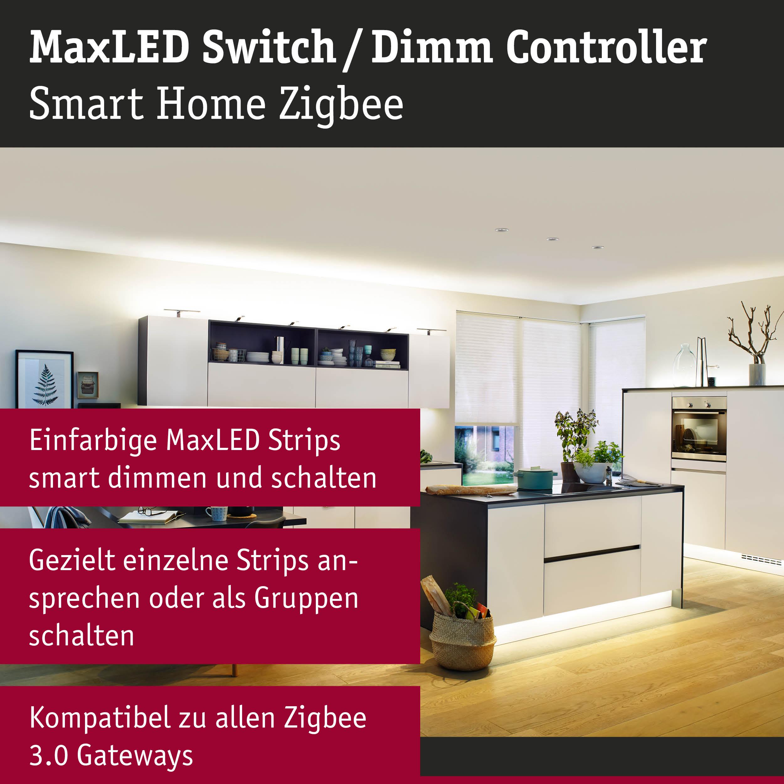 Cuisine moderne avec contrôleur MaxLED Smart Home Zigbee. Texte en français.