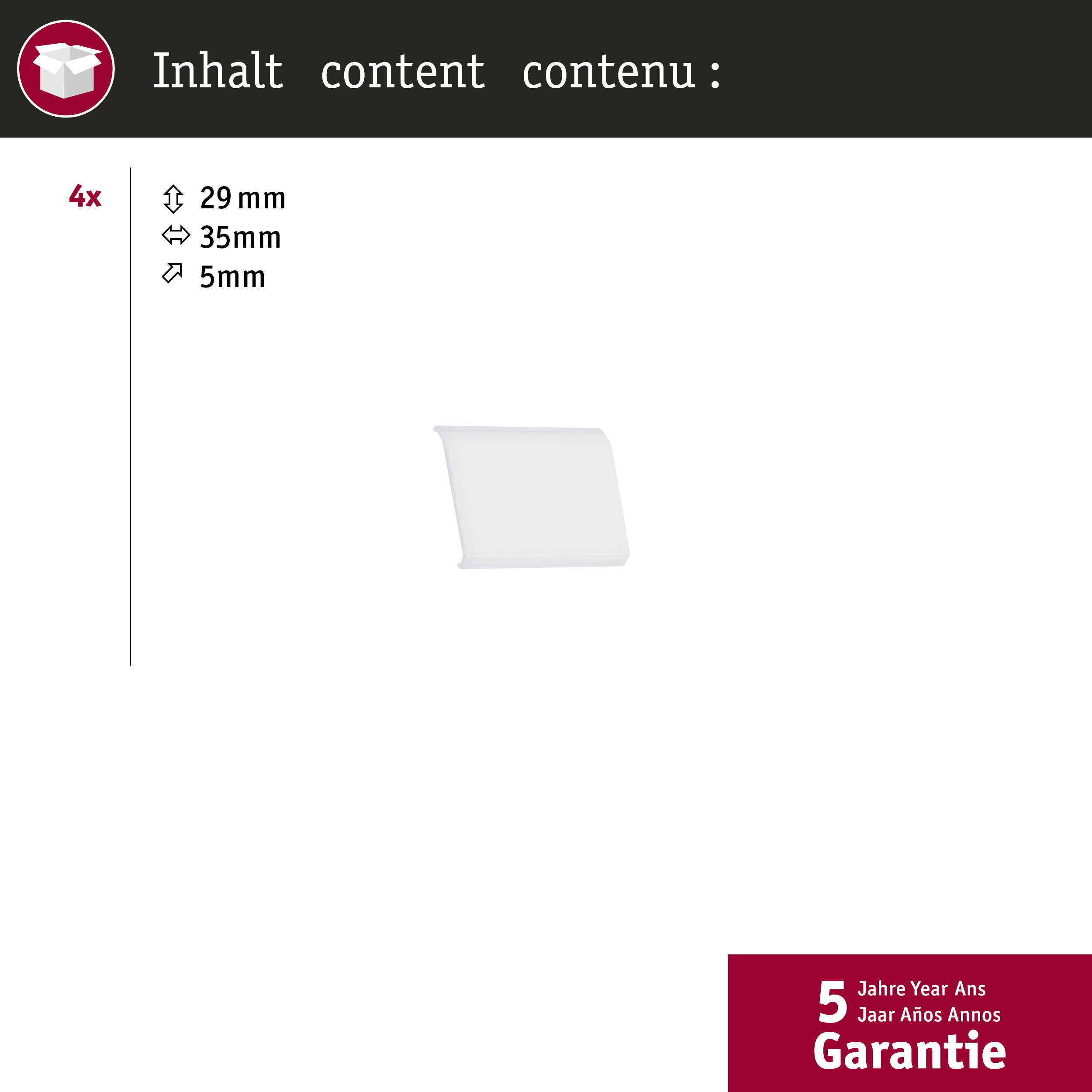 4x białe części, 29x35x5mm. Gwarancja 5 lat.