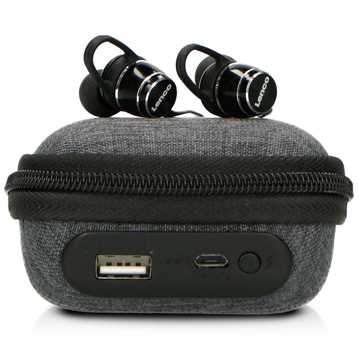 Schwarze Lenco-Kopfhörer auf einer grauen Ladetasche mit USB-Anschlüssen.