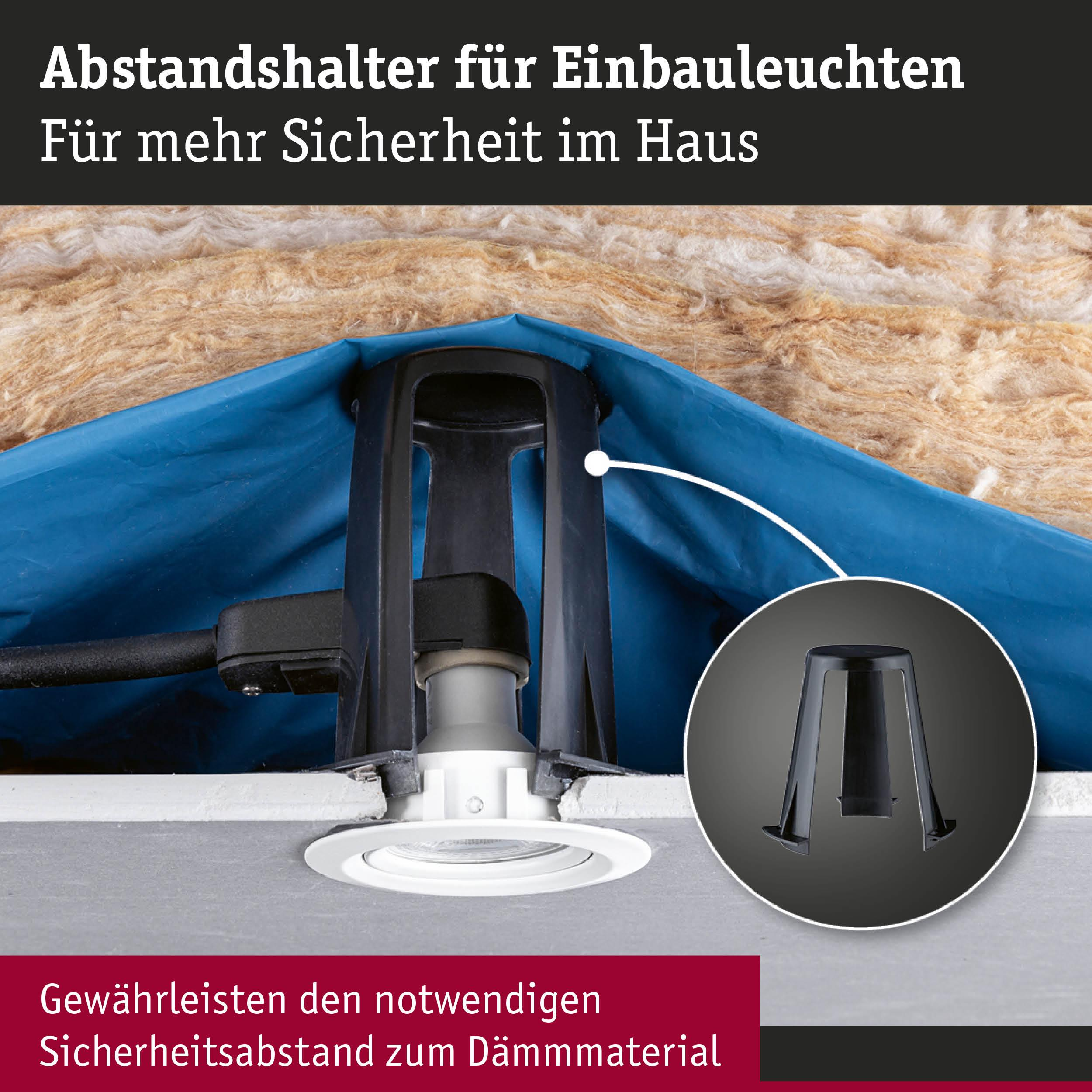 Einbaustrahler mit schwarzem Abstandshalter und Isolierung.