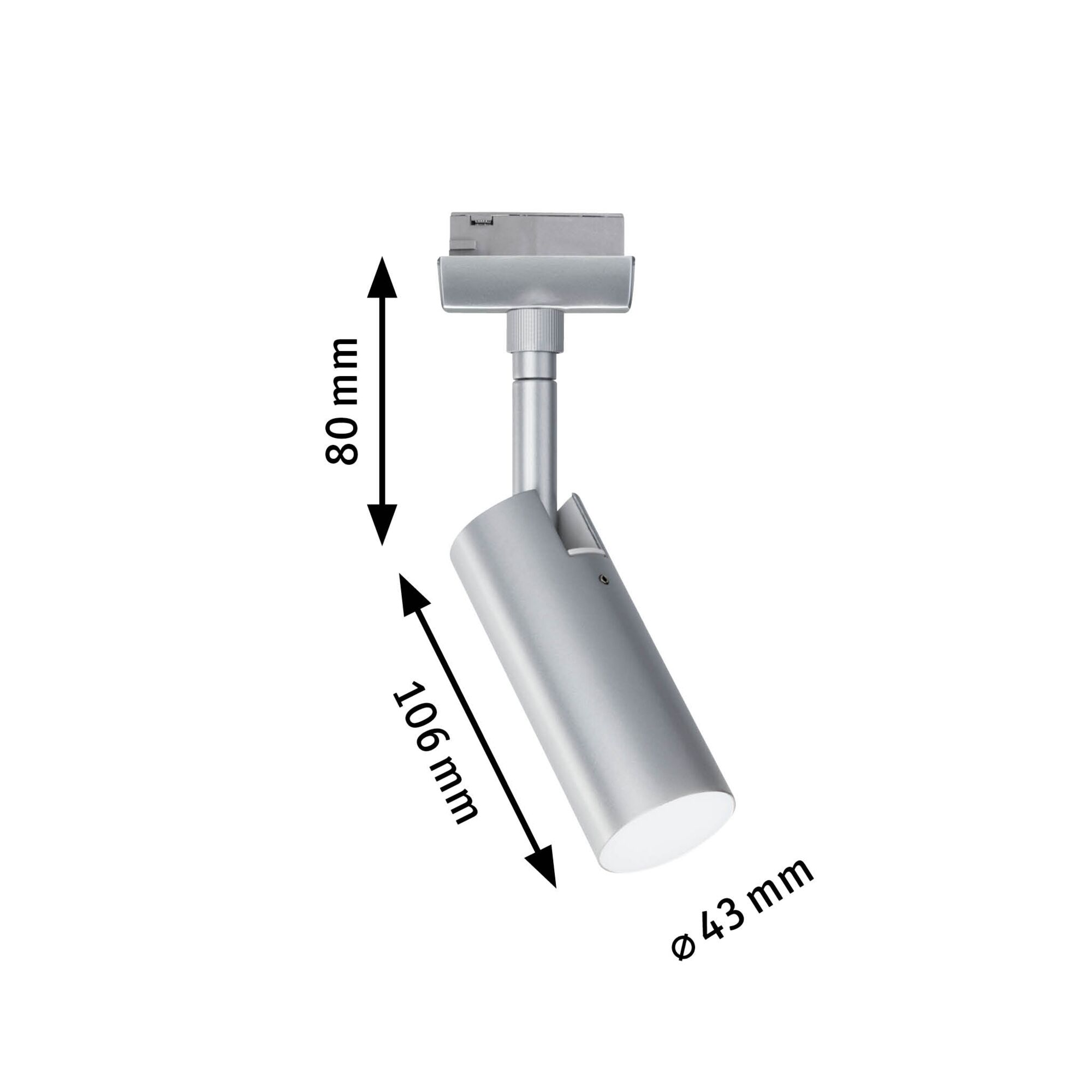Silberner Spot mit Maßen: 80mm Höhe, 106mm Länge, 43mm Durchmesser.