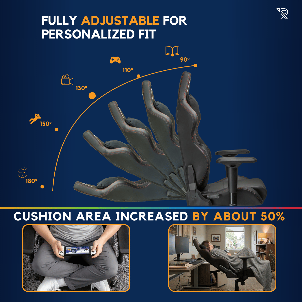 Chaise gaming avec dossier réglable, de 90° à 180°.