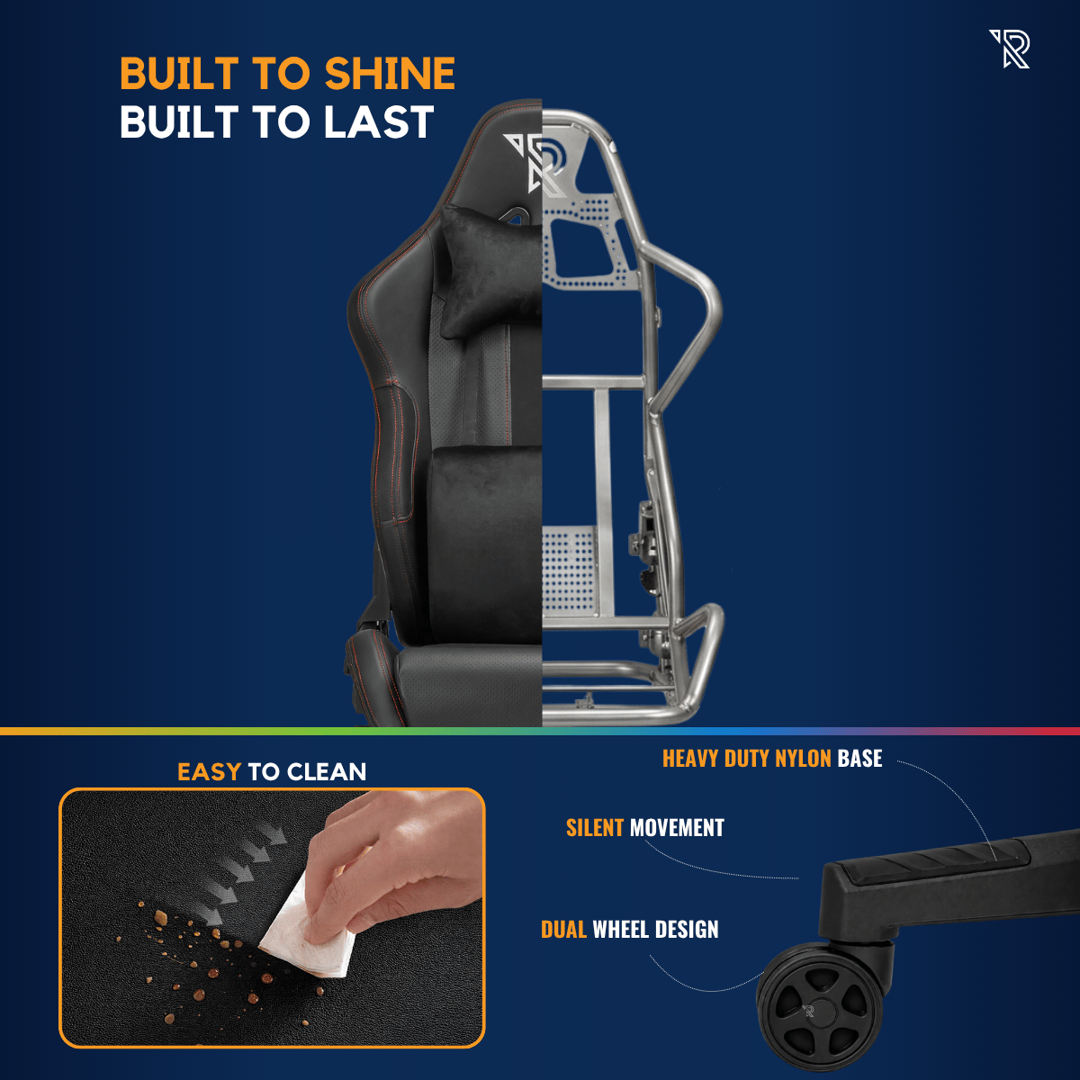 Chaise gamer: structure interne et extérieure, nettoyage, roues.