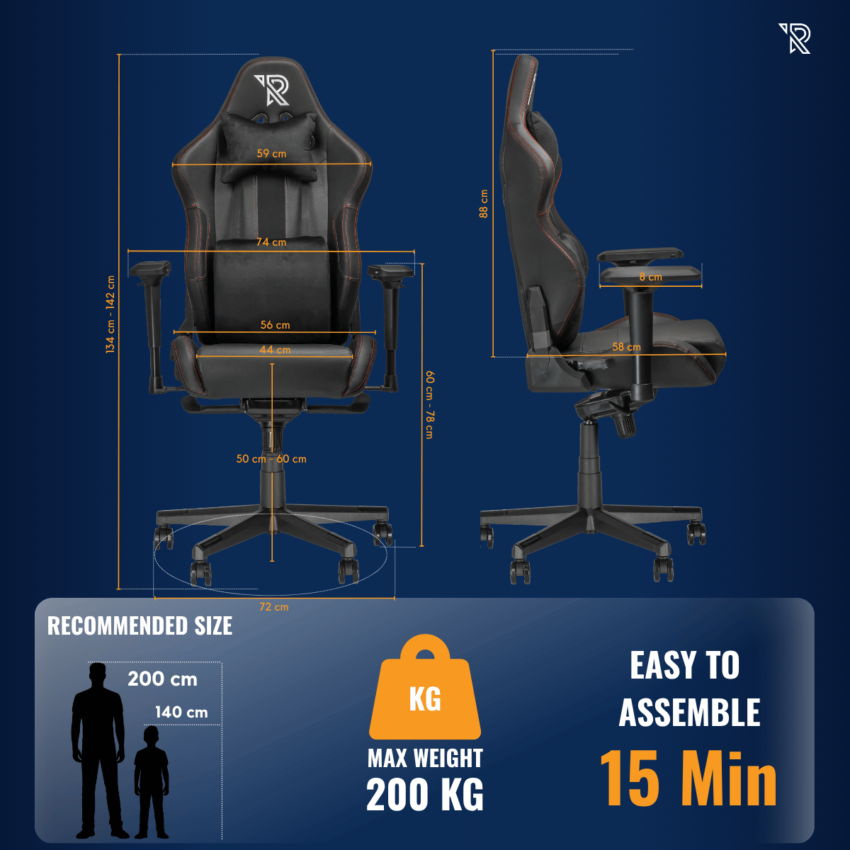 Chaise gaming noire et rouge avec dimensions. Taille recommandée, poids max, montage facile.