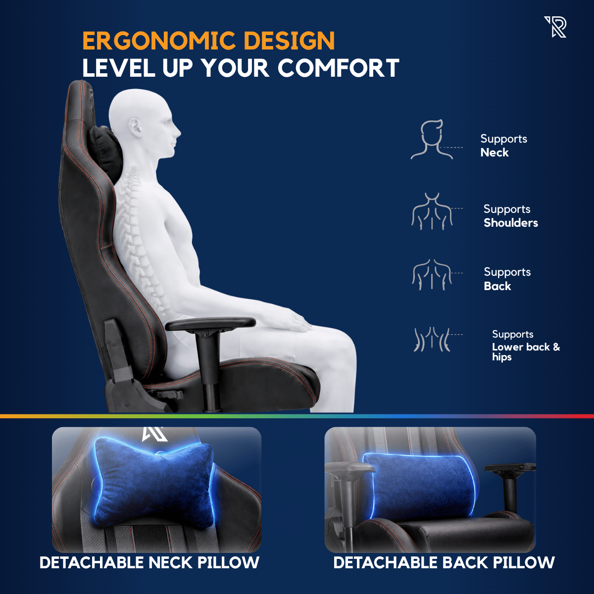Conception ergonomique soutenant cou, épaules, dos, bas du dos et hanches.