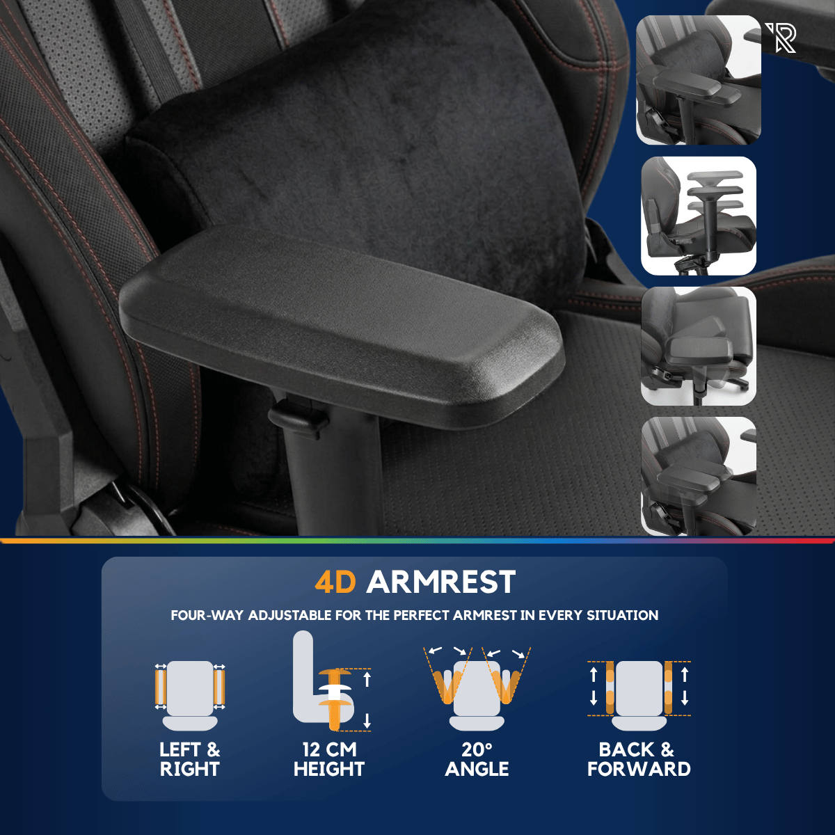 Un fauteuil gamer noir avec accoudoirs ajustables 4D est présenté.