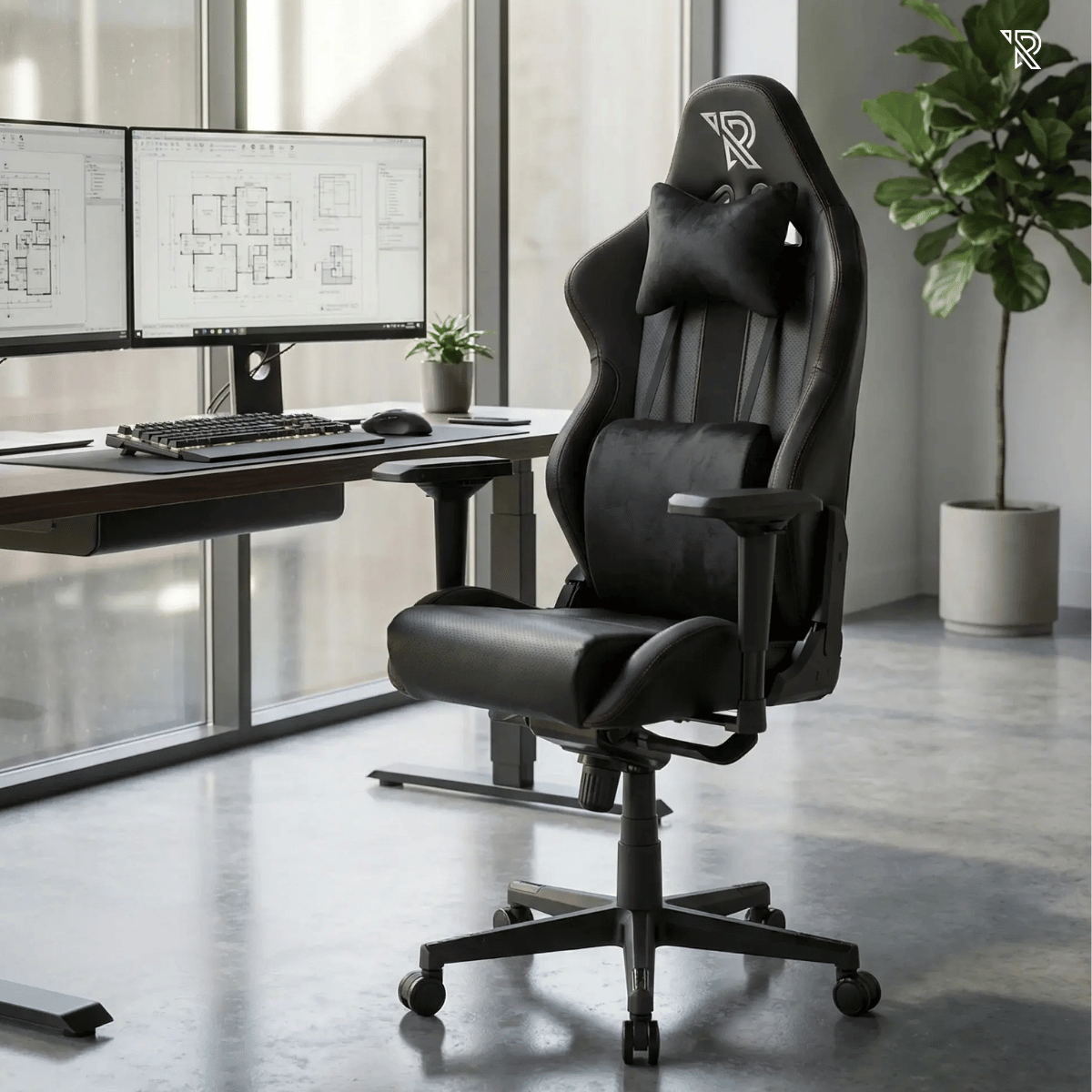 Chaise de jeu noire avec coussins devant un bureau avec des moniteurs.