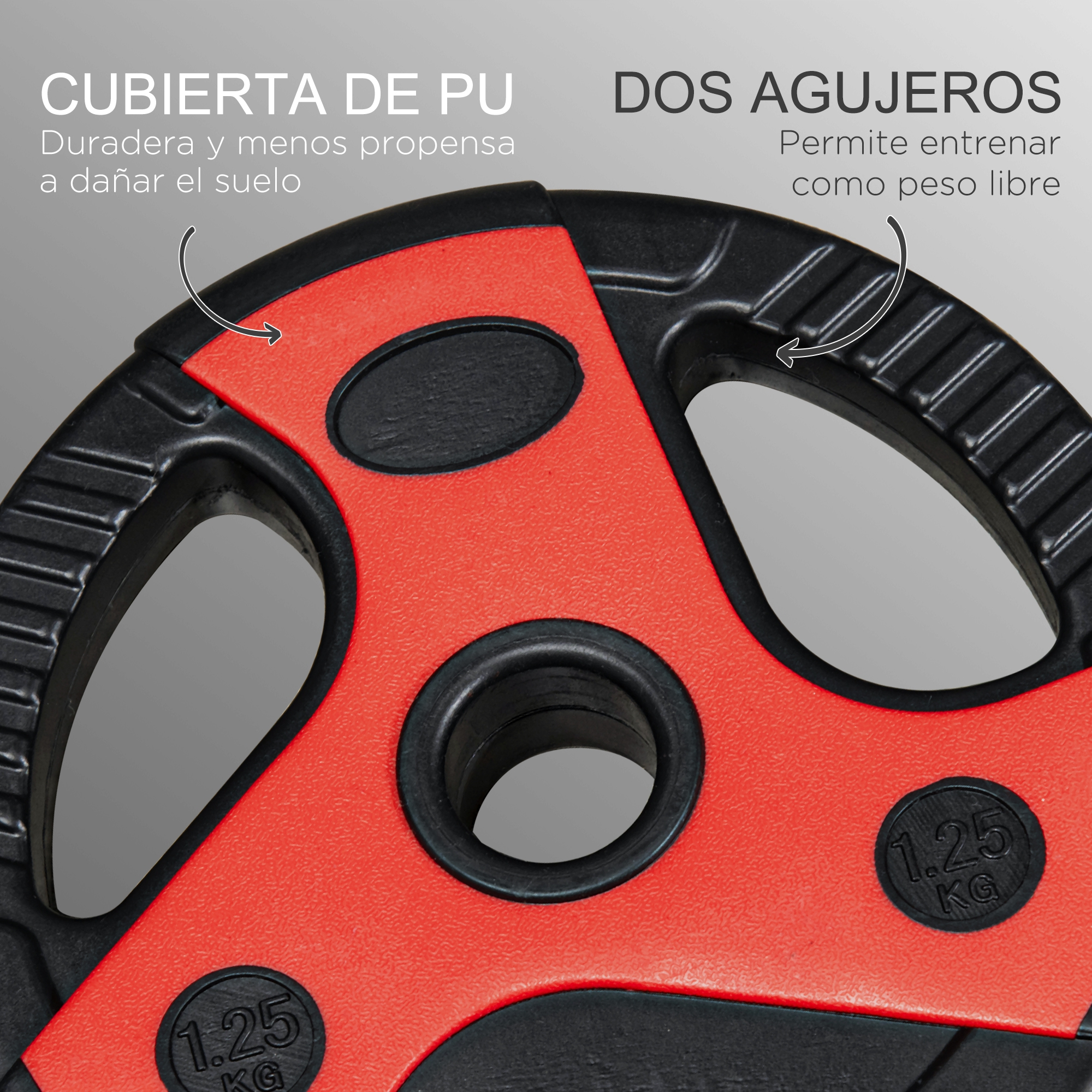Disco de pesas rojo y negro con etiqueta de 1,25 kg.