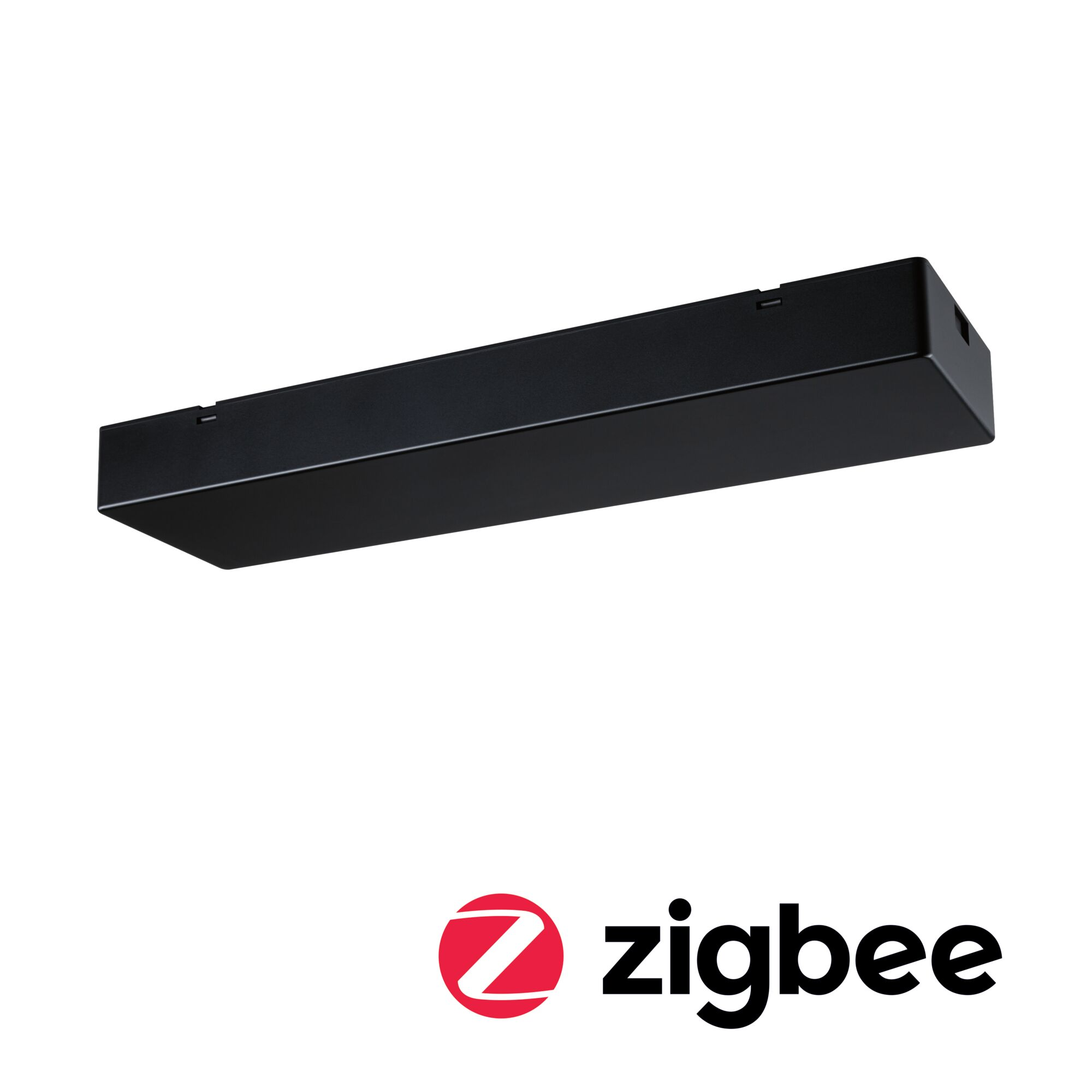 Czarno-prostokątne urządzenie Zigbee z logo na białym tle.