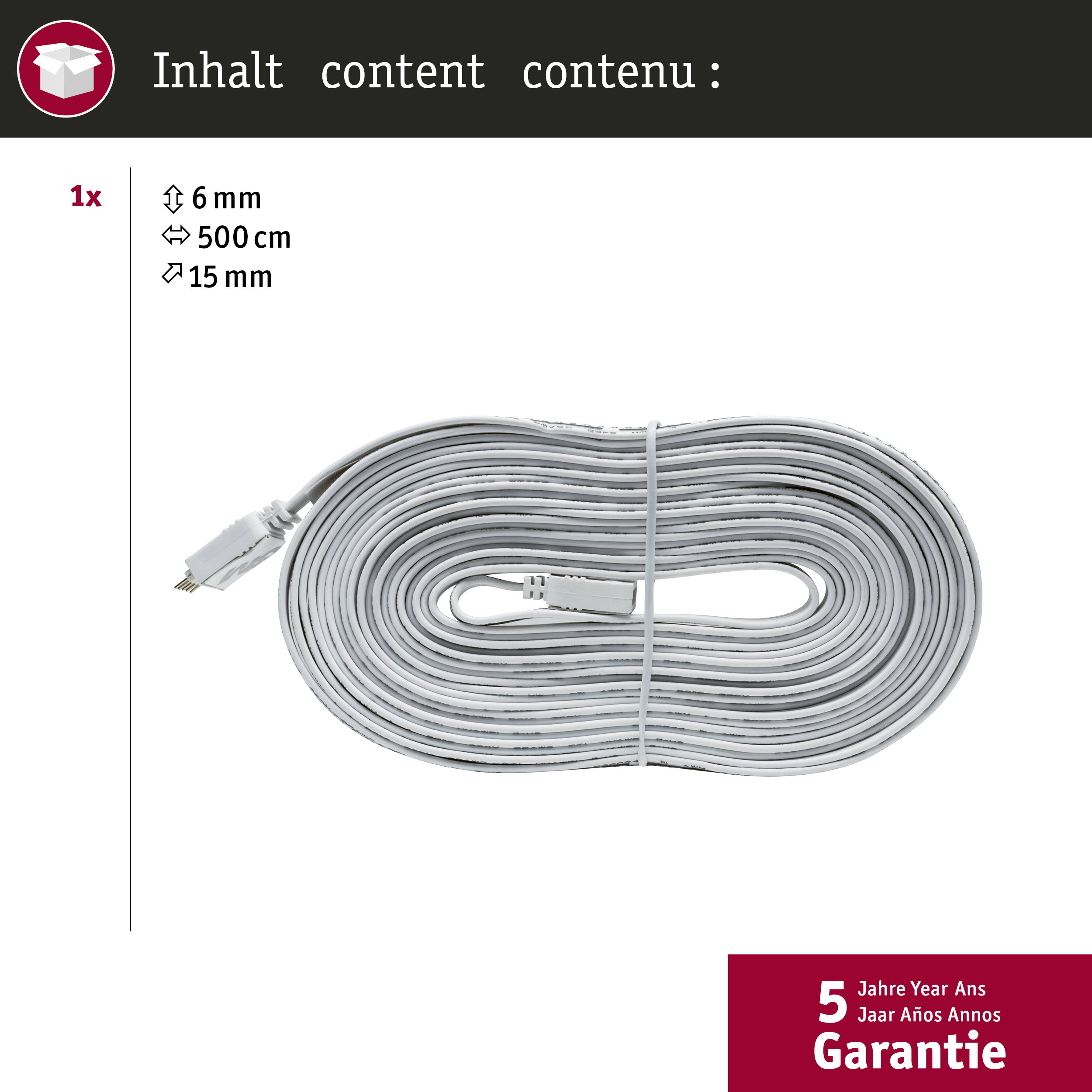 Biały płaski kabel, zwinięty, ze złączem RJ45 i informacją o gwarancji.